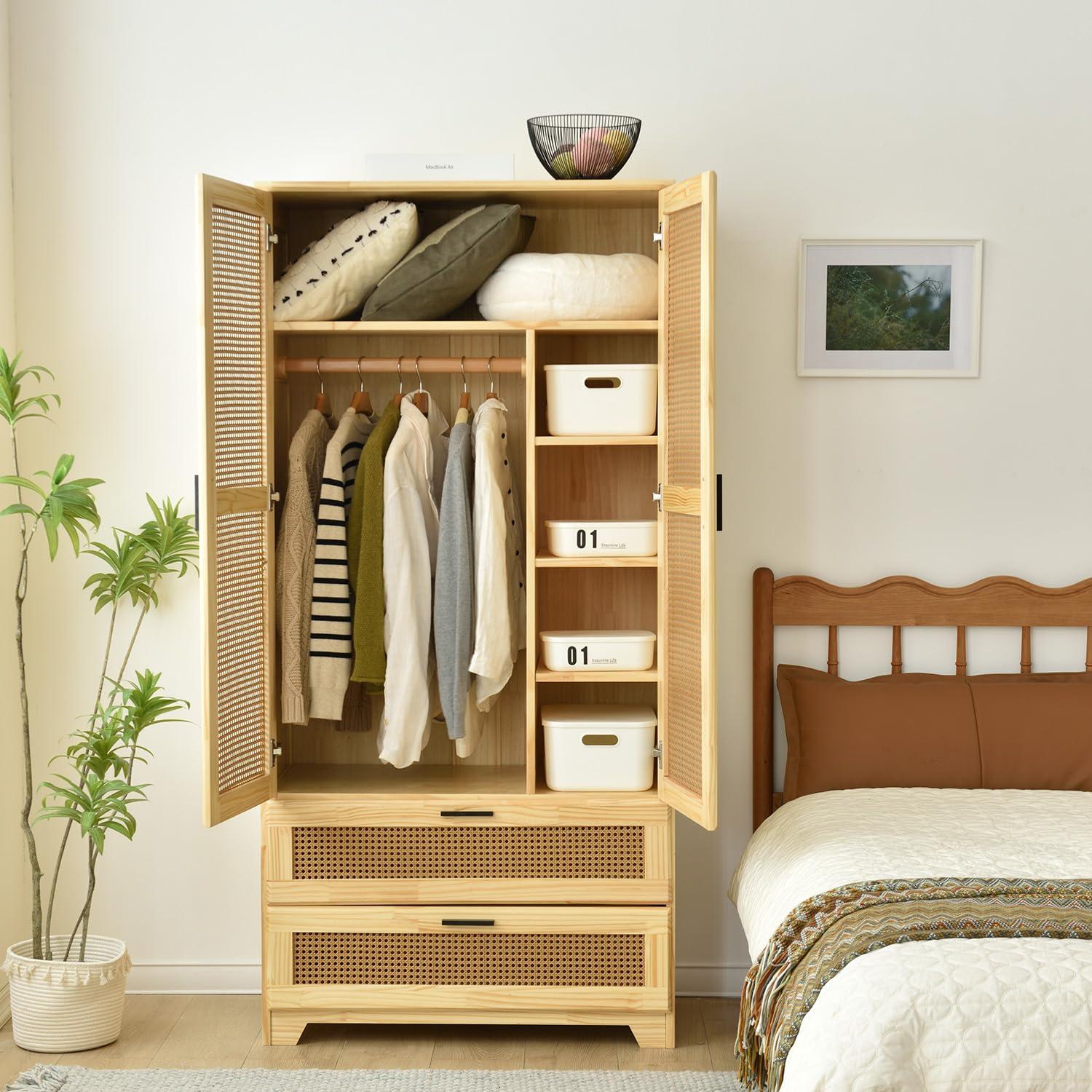 Woodpeckers Furniture And Mattress Pine Wood Closet with Rattan Doors and Two Drawers (Natural)
