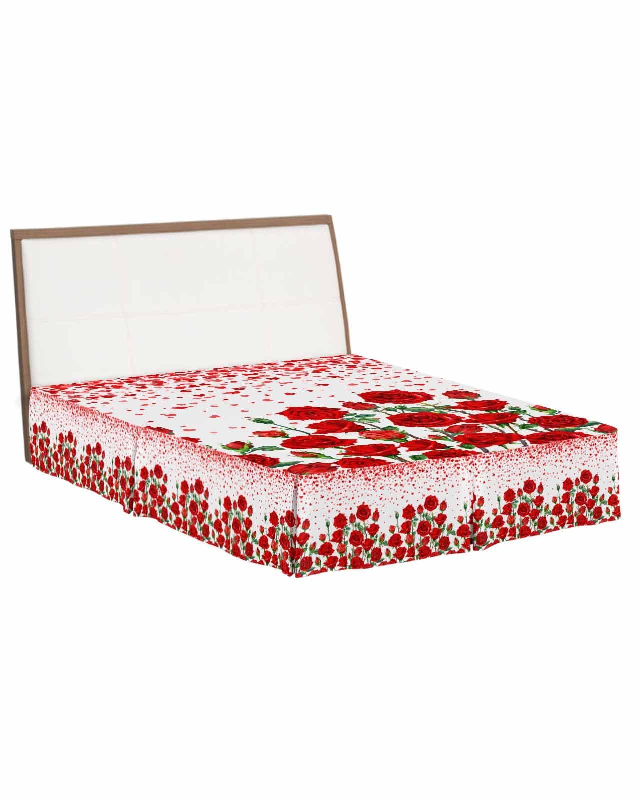 Falaniique Red Rose California King Bed Skirt Pleated Bedding Skirt with Spilt Corners 18\" Tailored Drop Dust Ruffle Easy Fit Breathable Premium Valentine\'s Day Red Flower Spring Plant