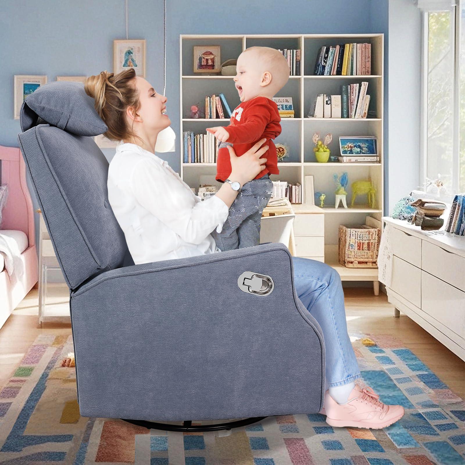 DIFYHOMEY DIFYHOMEY Nursery Swivel Glider Recliner Chair Chenille Upholstered Accent Glider Rocker Recliner with Headrest and Lumbar Support Pillow for Nursery Living Room Bedroom (Blue)