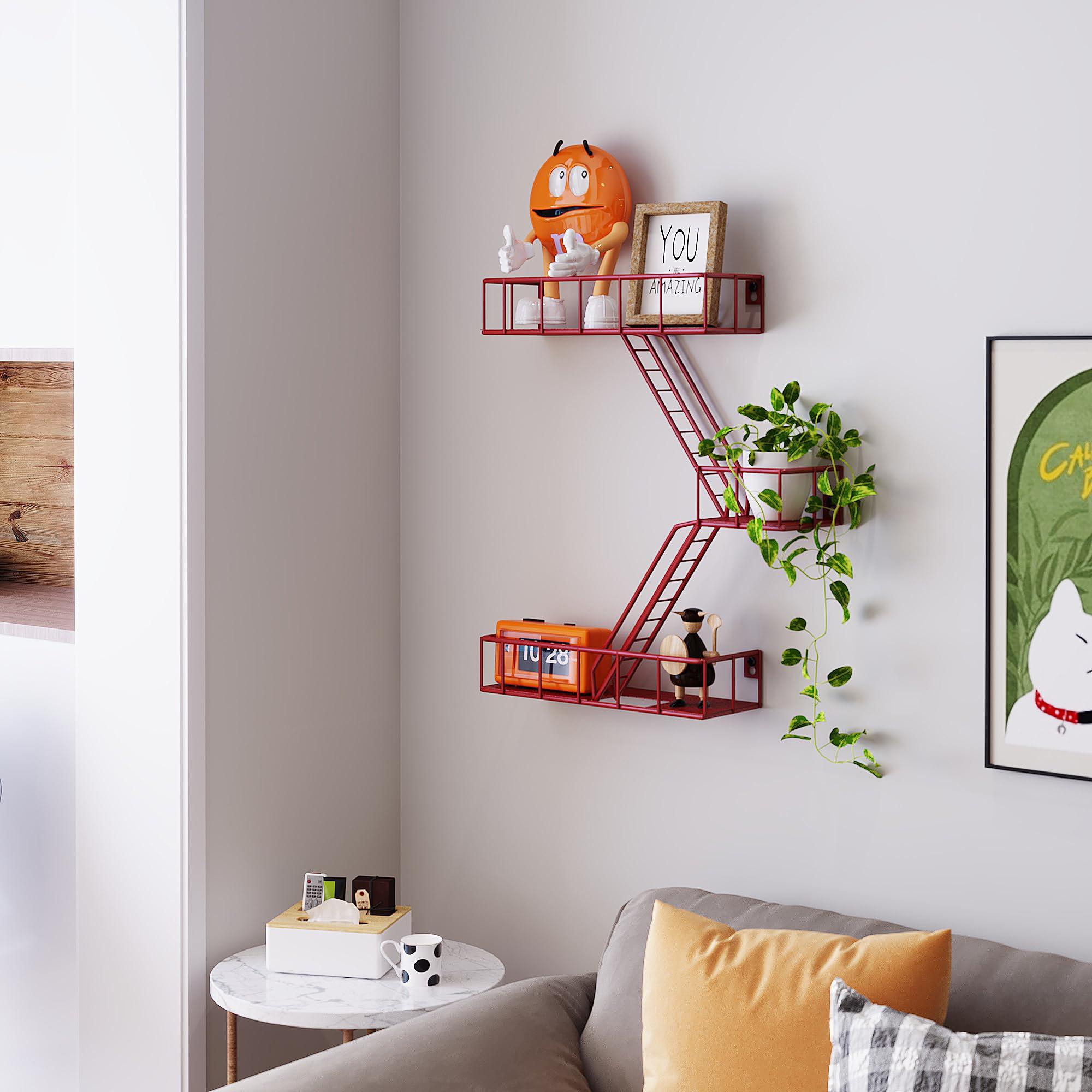 LUDORU Fire Escape Wall Shelf with Baskets, 3-Tier Metal Fire Escape Ladder Shelf Wall Organizer, New York Inspired Decorative Shelf, Red Floating Action Figurine Display Shelves for Bedroom, Home Dcor.