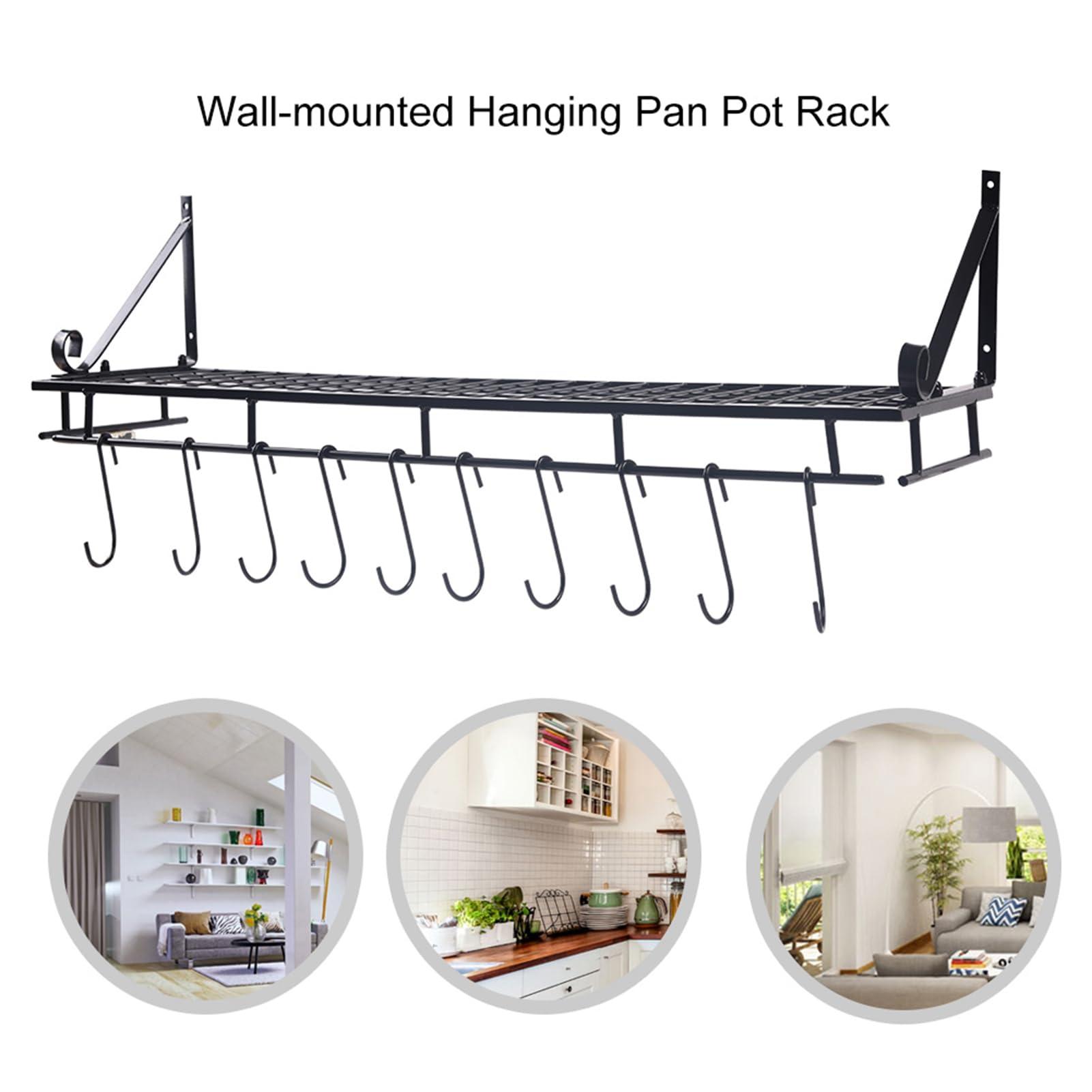 MOUMOUTEN MOUMOUTEN Metal Hanging Pan Pot Rack, Black Wall Mounted Portable with 10 Hook Holder Easy Installation Kitchen Storage Organizer for Kitchen (45CM)