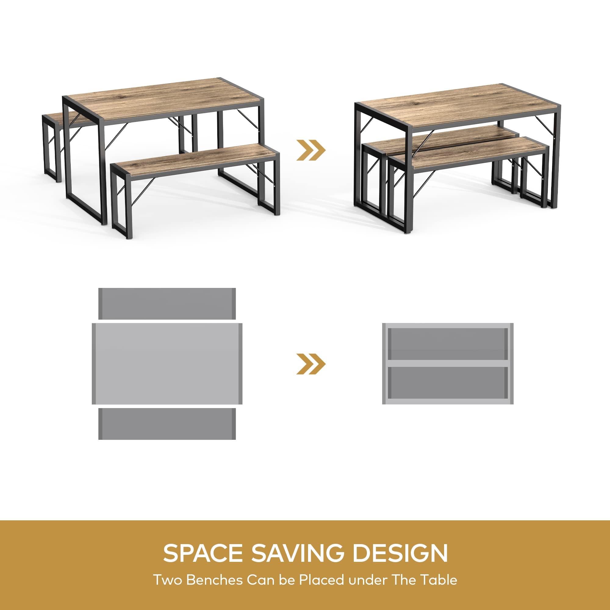 Gizoon Gizoon 45.5\" Dining Table Set for 4, Kitchen Table Set with 2 Benches, Dining Room Table Set with Metal Frame & MDF Board, Space-Saving Dinette for Kitchen, Dining Room -Grey