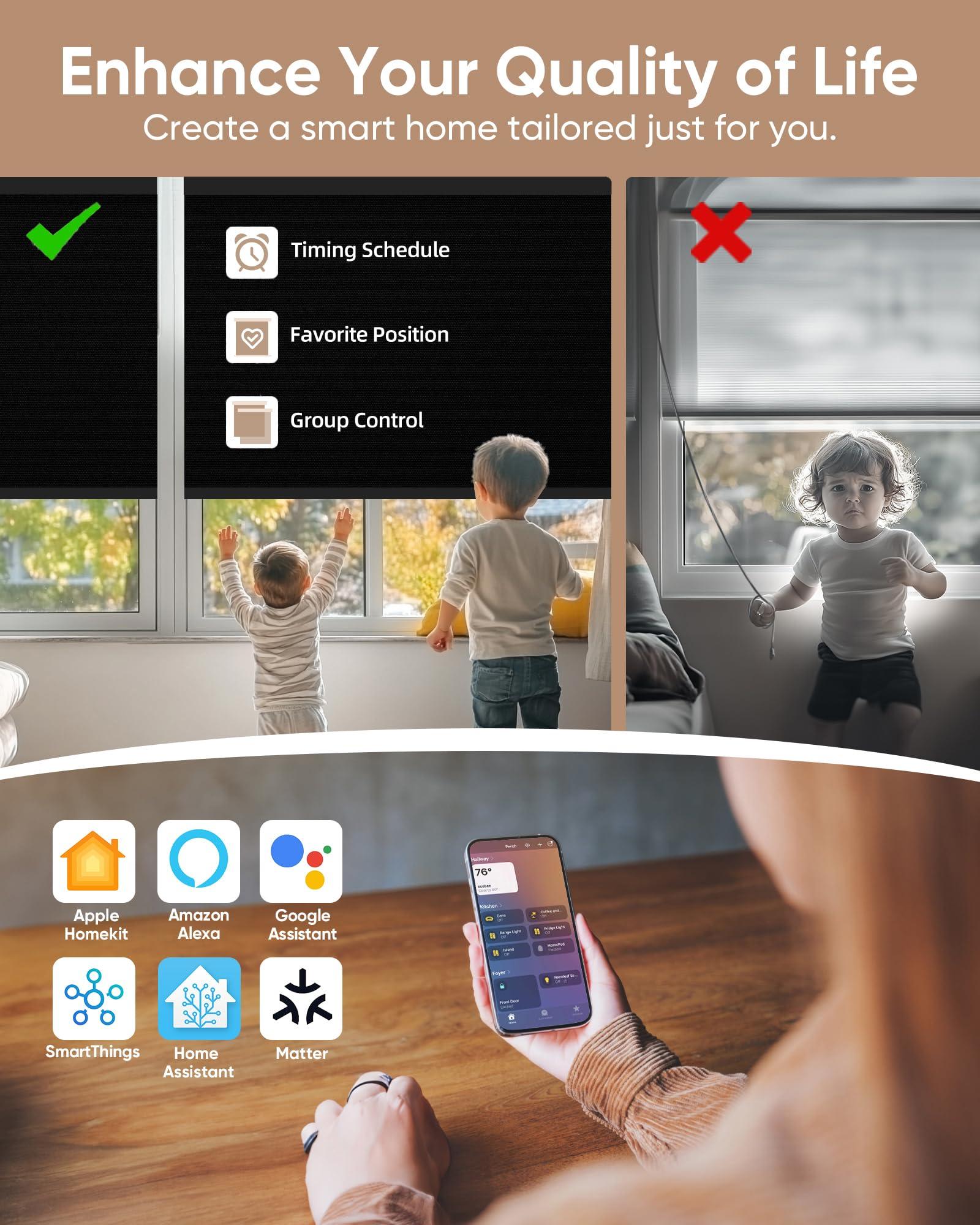 KINCMO Motorized Blinds with Remote: Kincmo 100% Blackout Roller Shades Work with Apple Homekit,Alexa,Google Home, Customized Automatic Blinds, Electric Blinds with App,Voice Control (Vinyl Black)