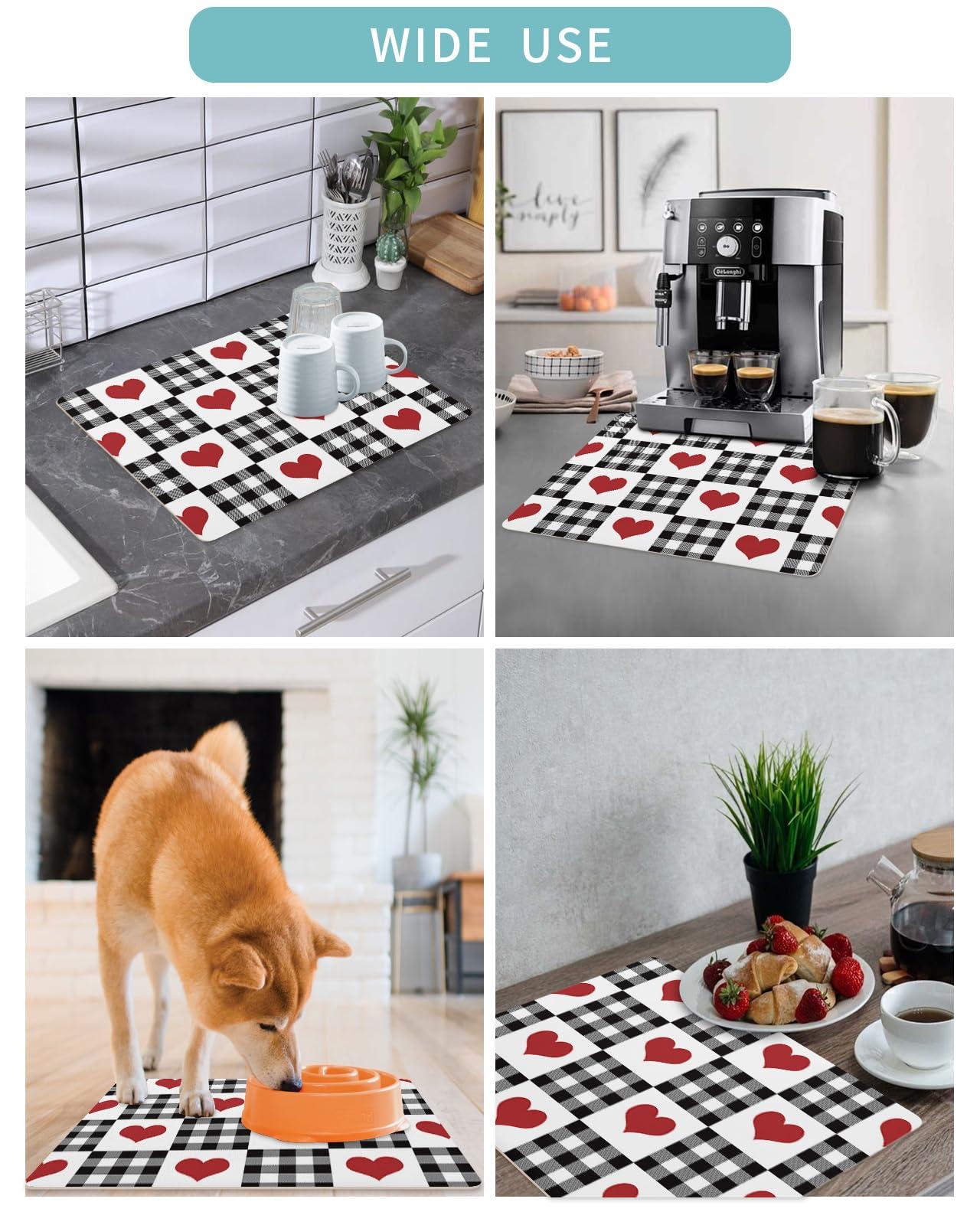 LaBLUUX Coffee Mat for Counter,Valentine\'s Day Red Heart Buffalo Plaid Black White Absorbent Hide Stain Coffee Bar Mat,Non-slip Coffee Bar Accessories Kitchen Drying Mat Fit Under Coffee Maker