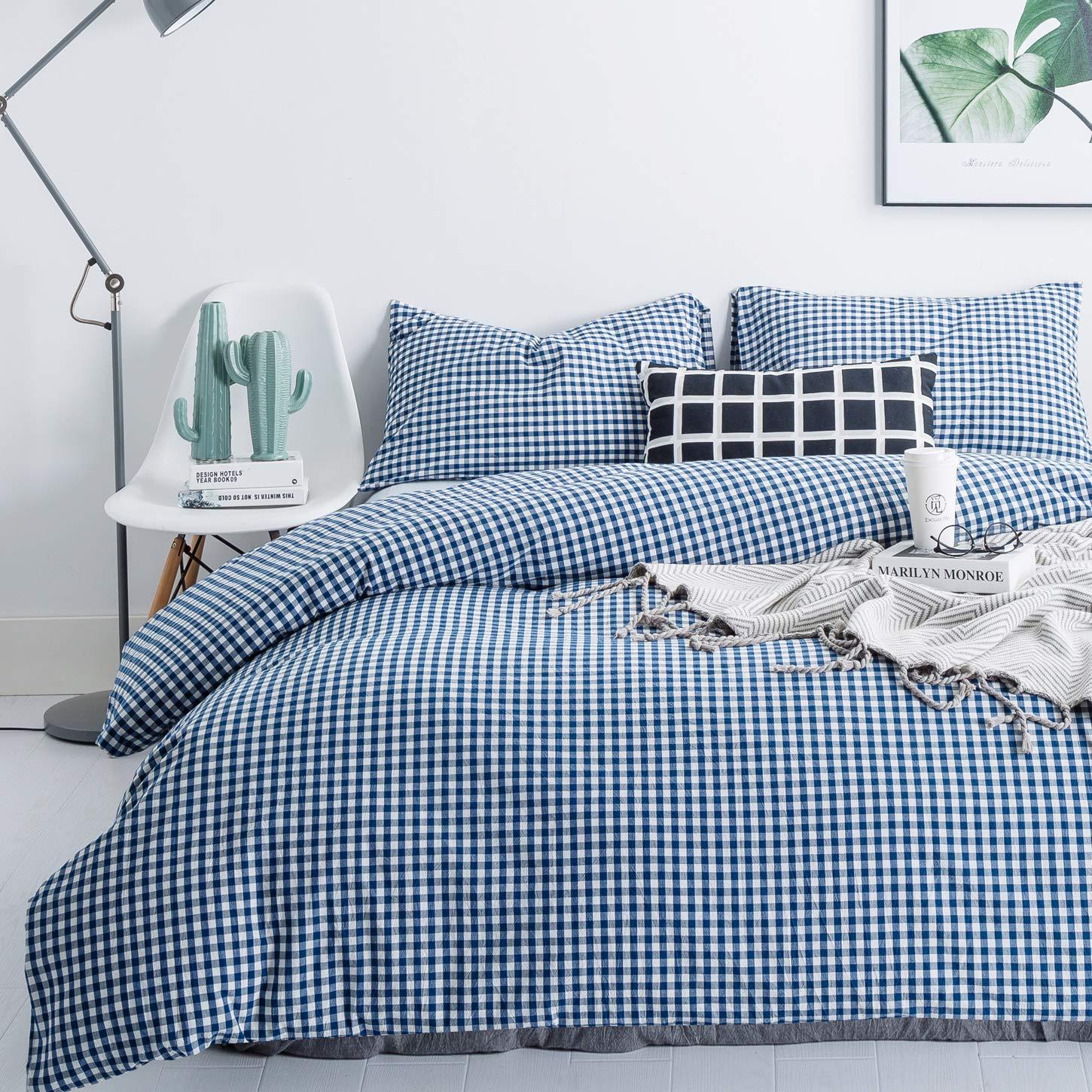 SUSYBAO SUSYBAO Royal Blue Gingham Duvet Cover King 100% Washed Cotton Blue Plaid Duvet Cover 3 Pcs Set 1 Vintage Grid Checkered Duvet Cover with Zipper Ties 2 Pillowcases Blue White Gingham Bedding Set