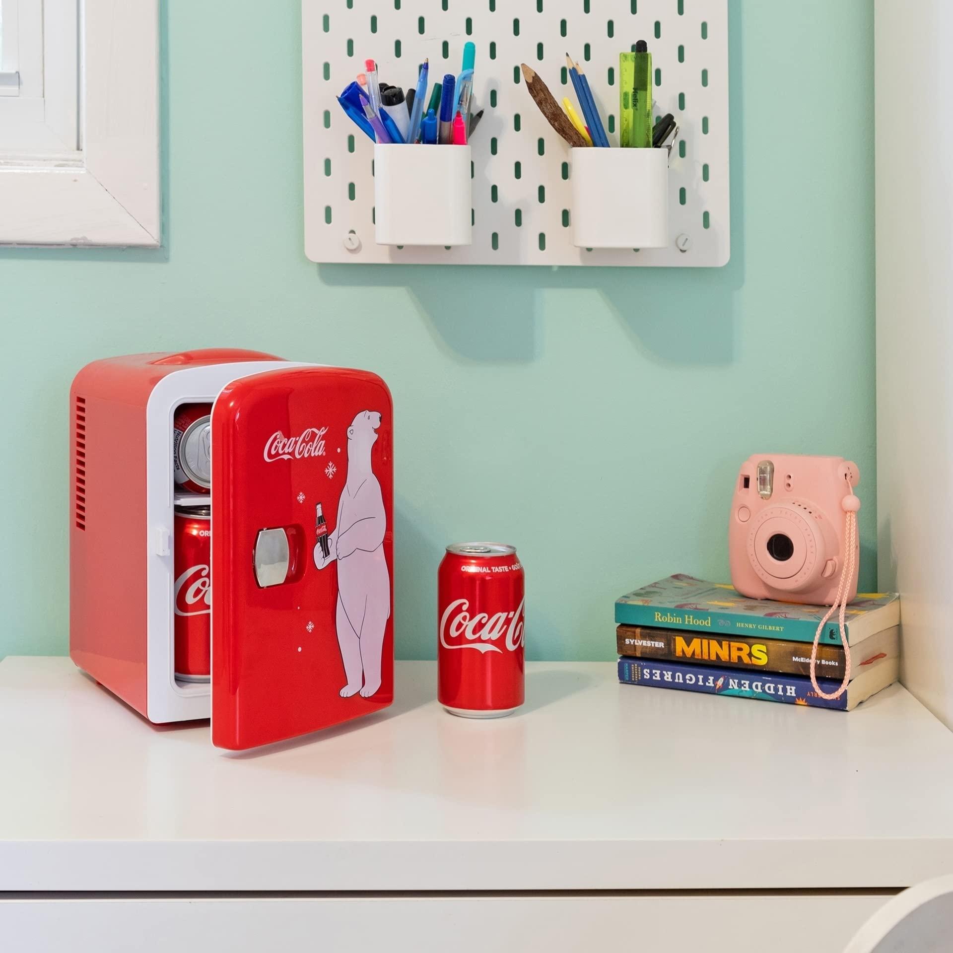 Koolatron Coca Cola Mini Fridge for Bedroom Skincare Cosmatic Office 4L Small Refrigerator Classic Coke Bottle Portable Fridge Mini Fridge for Dorm Fridge Ideal for Snacks Drinks Red