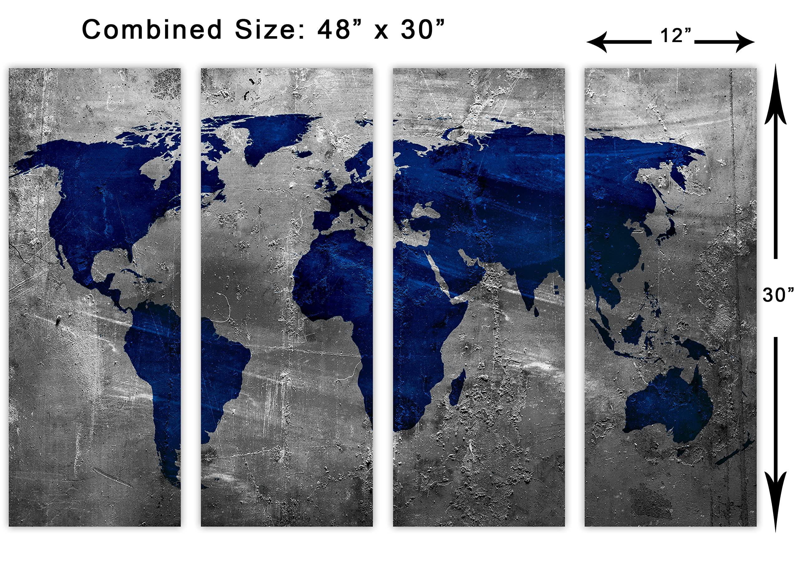 Canvas Quest 48 x 30 TOTAL - Sapphire Blue World Map Canvas Print Wall Art. 4 Panel Split. Gray background wall decor