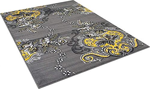 Champion Rugs Champion Rugs Modern Floral Traditional Yellow Grey Black Area Rug Carpet (5 3 X 7 5)