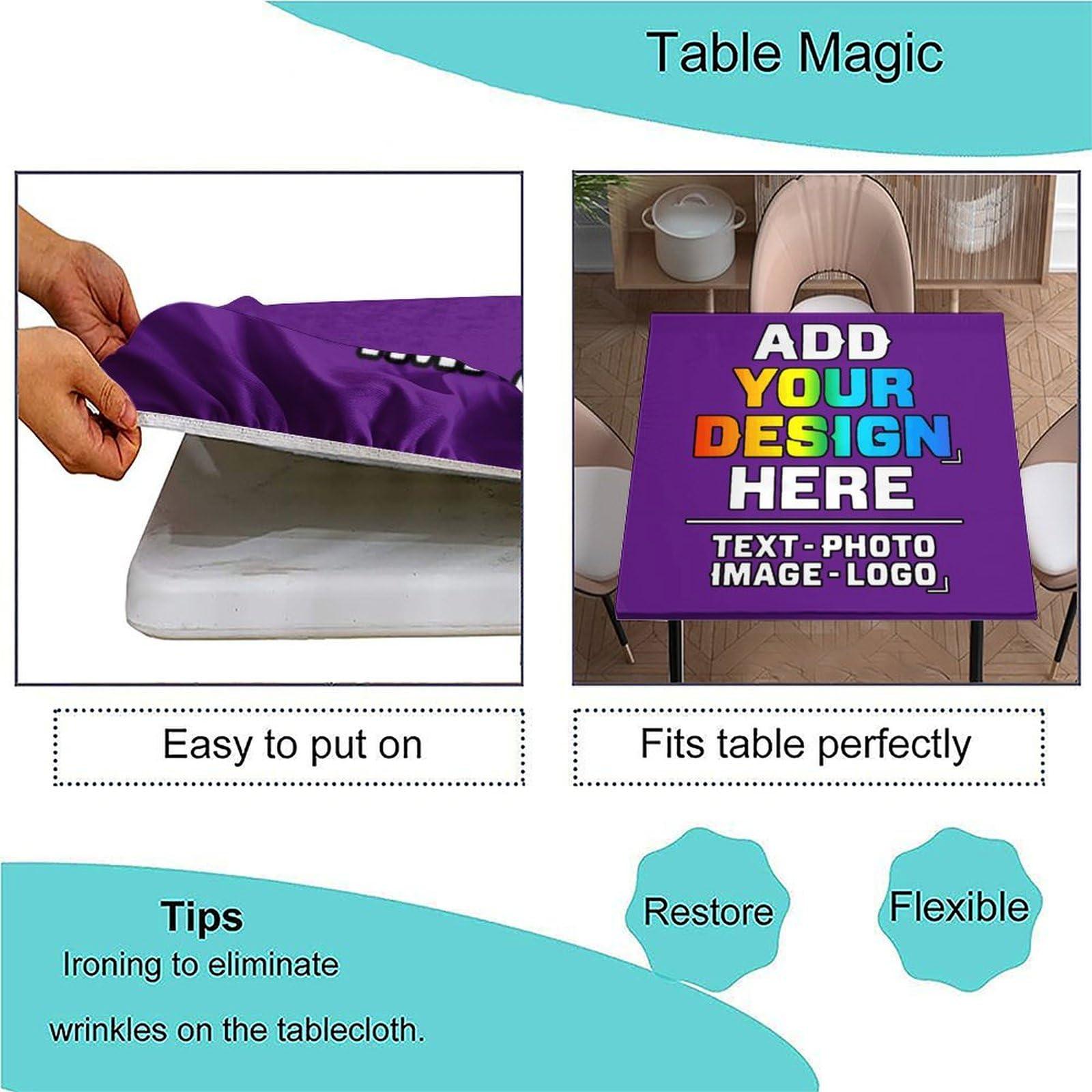 Pzwqkyn Pzwqkyn Custom Square Fitted Tablecloth, Customizable Add Your Picture Text Name Personalized Table Cover with Elastic Edge, for Wedding Banquet Picnic Party Use, Purple, Fits 24x24 in Table