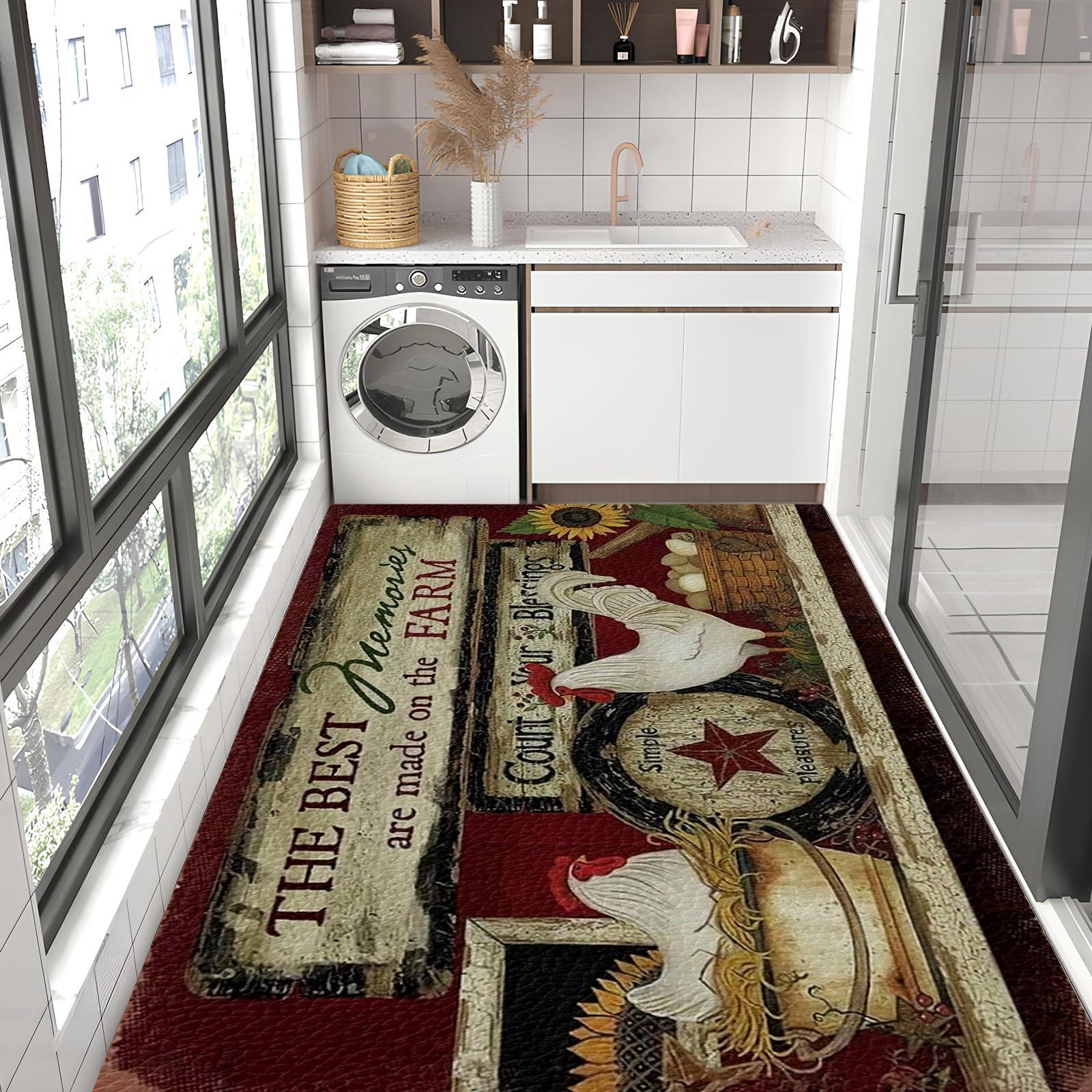 TuLdys TuLdys Rooster Kitchen Rugs and Mats Non Skid Washable Pu Waterproof Leather Kitchen Mat for Floor, 4x6ft/48x72in, Rooster Kitchen Decor Stain Resistant with 4 Pcs Carpet Gripper