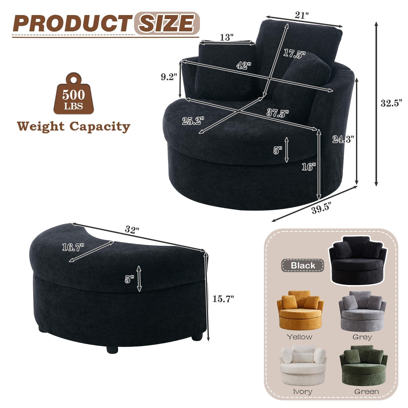 GEEVIVO 42\"W Oversized Swivel Accent Chair with Half Moon Storage Ottoman,360 Degree Chenille Swivel Barrel Chair,Comfy Upholstered Round Swivel Chair,Modern Reading Sofa Arm Chair for Living Room,Club(Black)