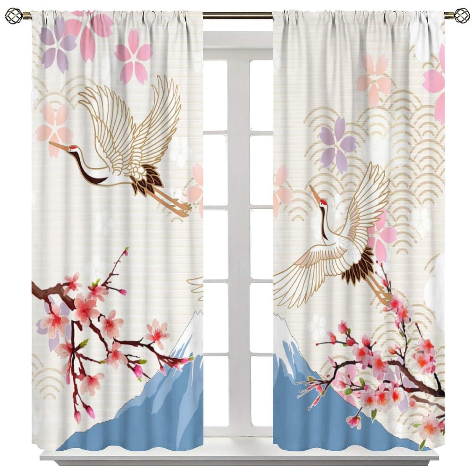 QYUNZS QYUNZS Asian Curtains Japanese Crane Cherry Flowers Art Printed Rod Pocket Blackout Window Drapes for Bedroom Living Room Kitchen Decor Fabric 2 Panel W42xL84in