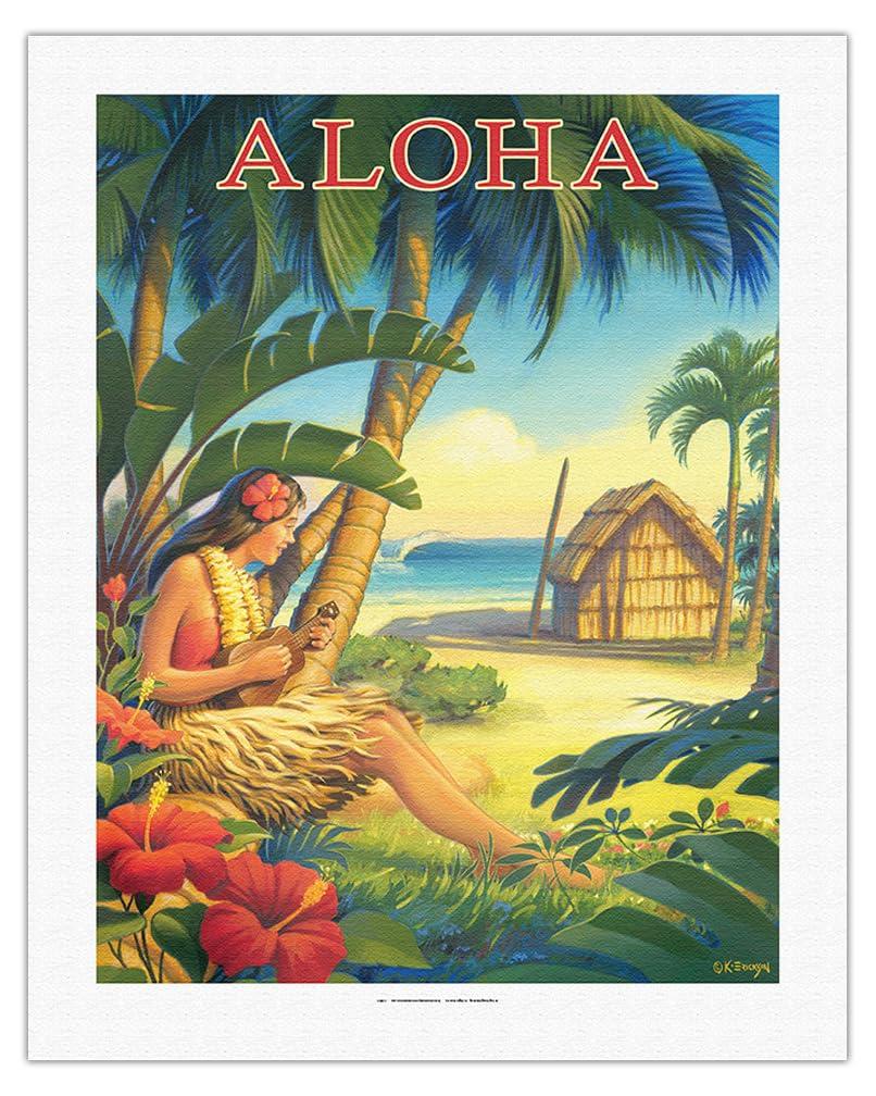 Pacifica Island Art Aloha - Hawaii - Hula Dancer with Ukulele - Vintage Hawaiian Travel Poster by Kerne Erickson - Fine Art Rolled Canvas Print 20in x 26in