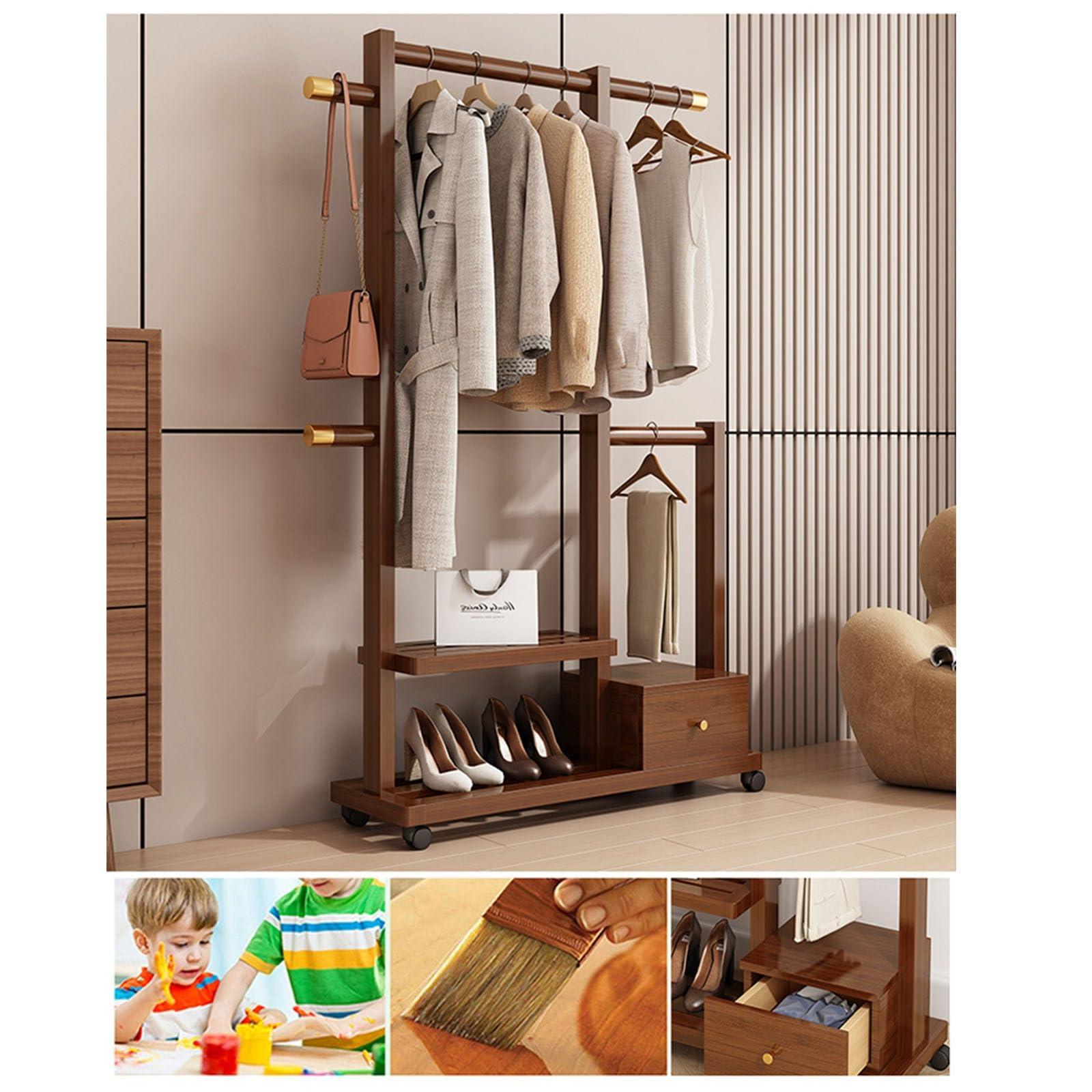 Diodceraic Clothes Organizer Stand On Wheels,entryway Coat Rack With Storage,Garment Racks For Hanging Clothes,bamboo Rolling Garment Rack,Multifunction Entry-way Coat Racks Stand For Bedroom Entryway(Color:Brow