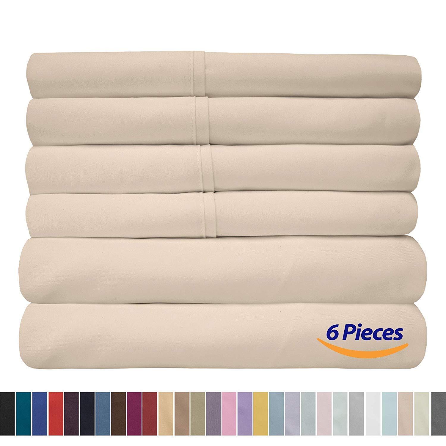 RRlinen RRlinen 6 Piece 800 Thread Count 24\'\' Deep Pocket Full XL Sheet Set with 2 Extra Pillow Cases Long Staple Cotton Sheets Beige Soft and Comfortable Bedding Set (Full XL, Beige)