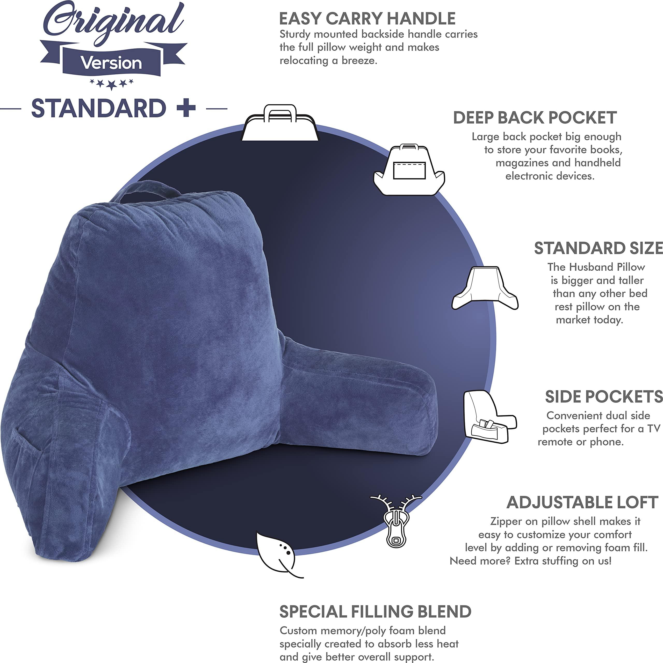Husband Pillow Husband Pillow Dark Blue, Original Reading Pillow in Bed Rest Chair, Shredded Memory Foam Large Lounge Cushion Adult Backrest with Arms, Comfy Back Support for Sit Sitting Up, Wash/Removable Cover