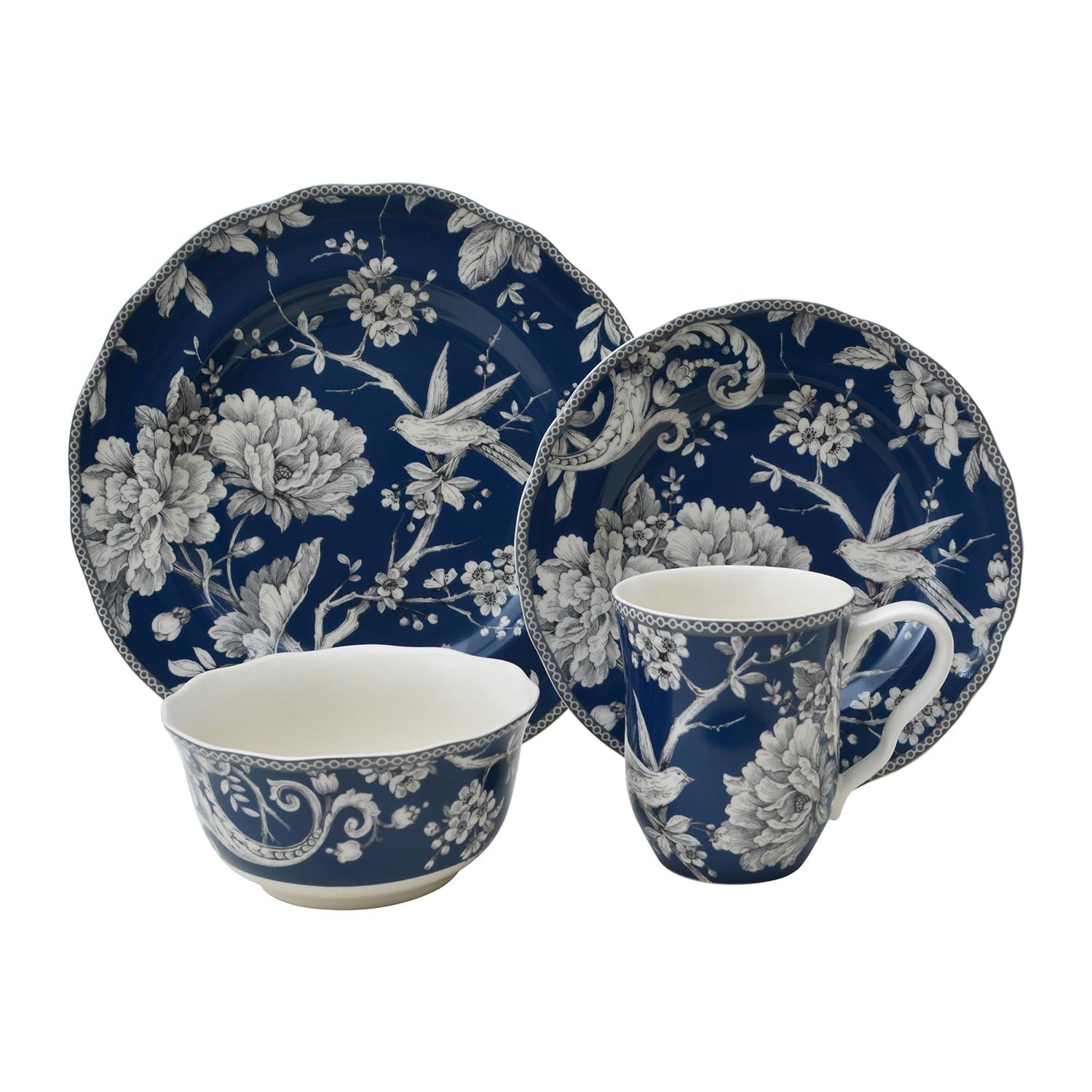 222 Fifth 222 Fifth Adelaide 16-Piece Dark Blue Porcelain Dinnerware Set Service for 4, Plate, Bowl & Mug Set, Bird & Floral Design, for Everyday Dining & Entertainment, Microwave & Dishwasher Safe