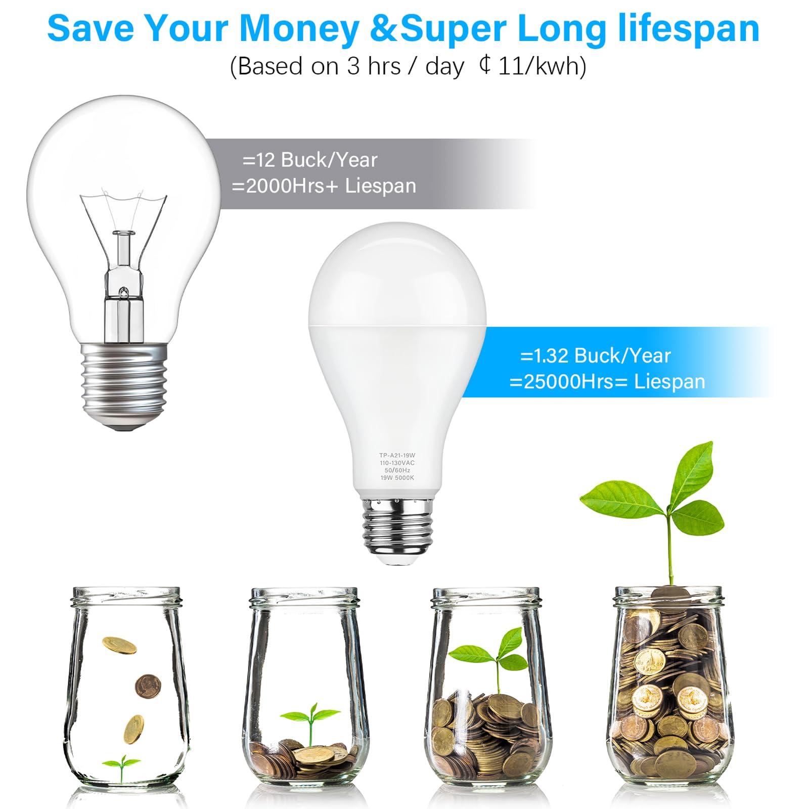 MAXvolador MAXvolador A21 LED Light Bulbs, 150 Watt Equivalent Daylight White 5000K, 2600LM, E26 Base, Non-Dimmable, 19W Bulbs Commercial Lighting, Pack of 6