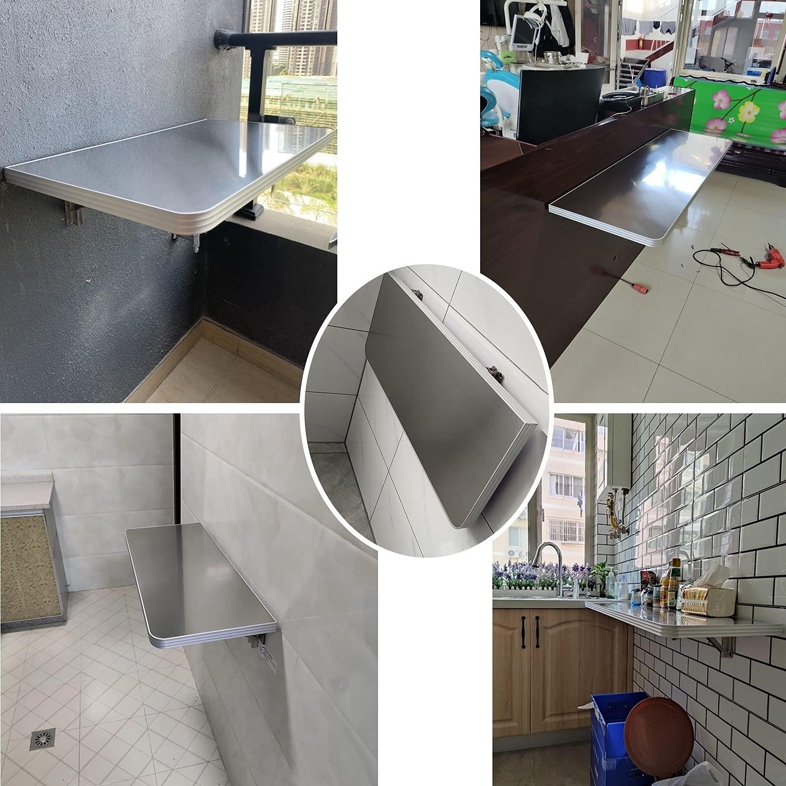 FALIYORS FALIYORS Wall-Mounted Folding Table for Kitchen, Fold Down Wall Table, Small Space Dining Table, Breakfast Bar Table, Workbench Foldable, Brushed Stainless Steel (Size : 9030cm/35inch12in