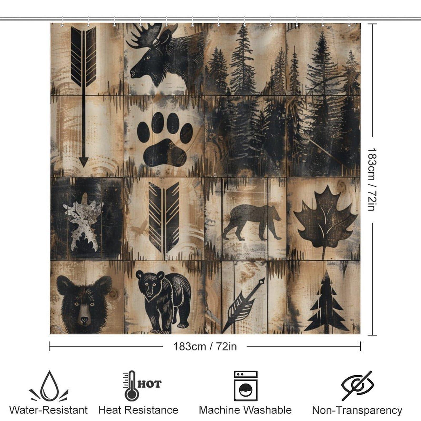 Brebasf Rustic Hunting Theme Lodge 4 Pcs Shower Curtain,Abstract Forest Farm Farmhouse Bear Claw Print Deer Shower Curtain Set Non-Slip Rugs Toilet Lid Cover Bath Mat 12 Hooks