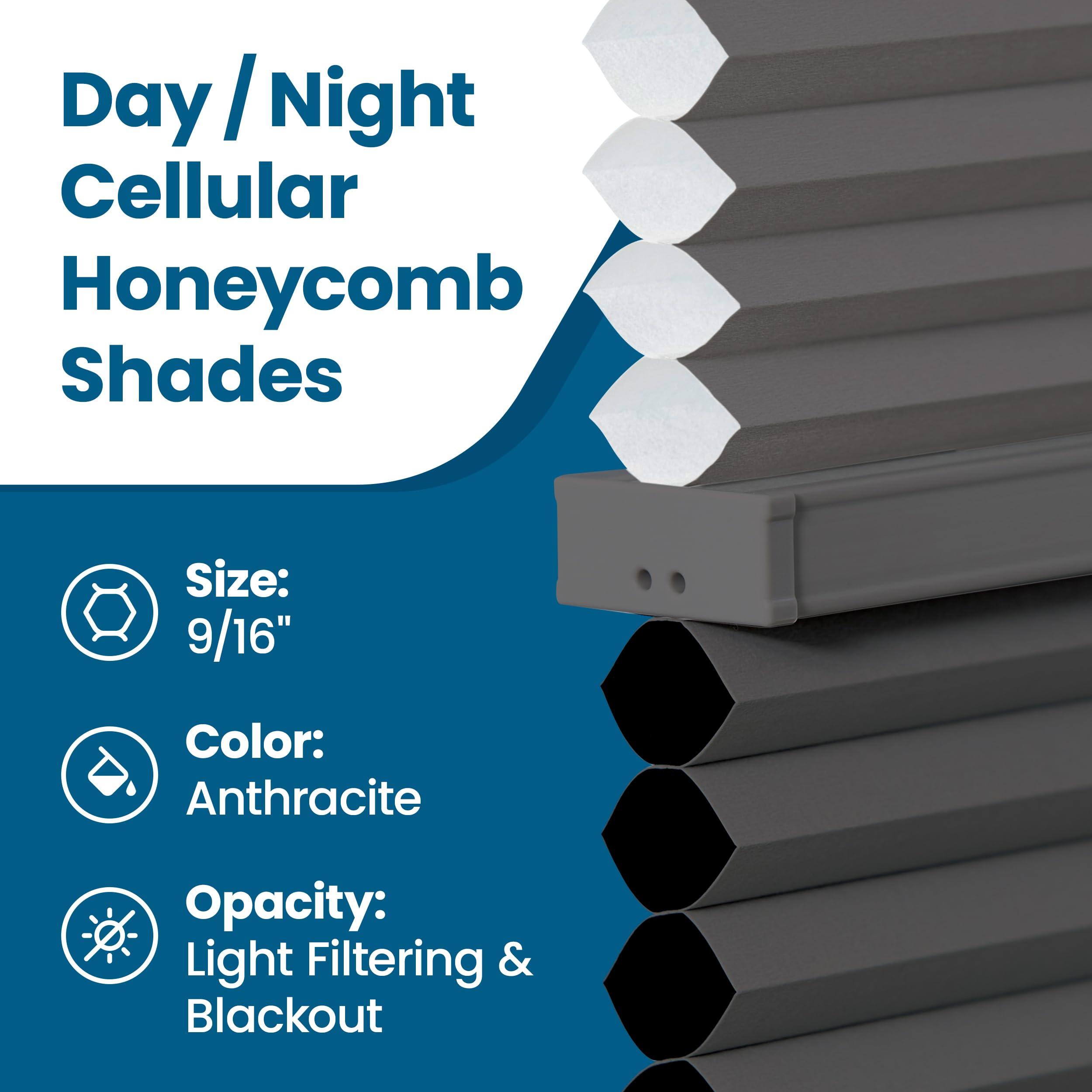BlindsAvenue BlindsAvenue Cordless Day/Night Cellular Honeycomb Shade, 9/16" Single Cell, Anthracite, Size: 53" W x 48" H