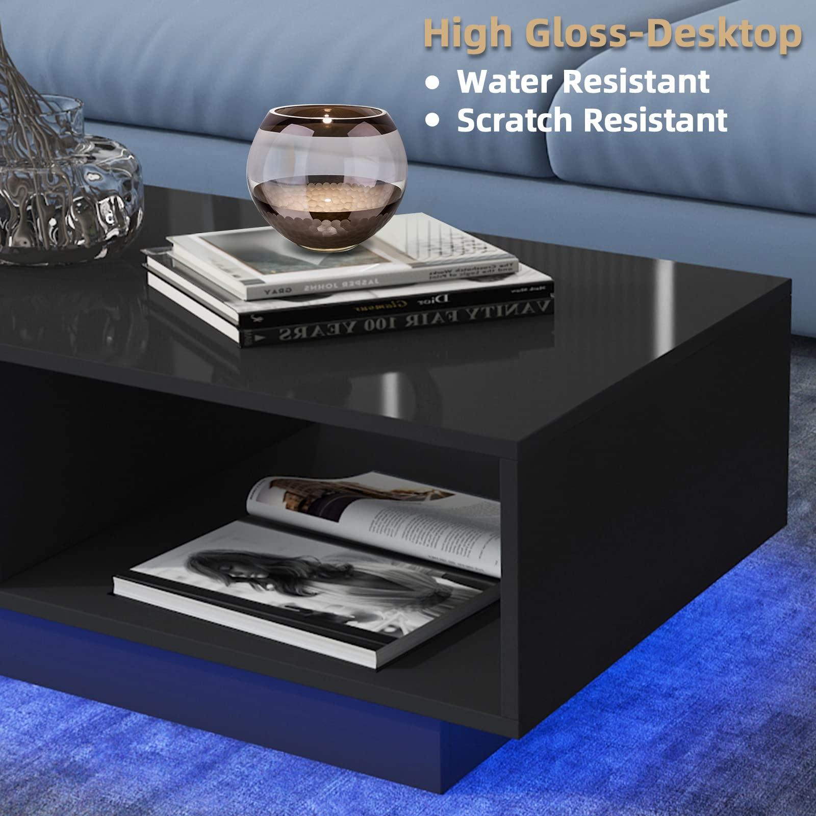 HOMMPA HOMMPA Small LED Coffee Tables for Living Room Grey Coffee Table with LED Lights Modern Low Profile Center Table with High Gloss Table Top for Small Place 13\" Tall