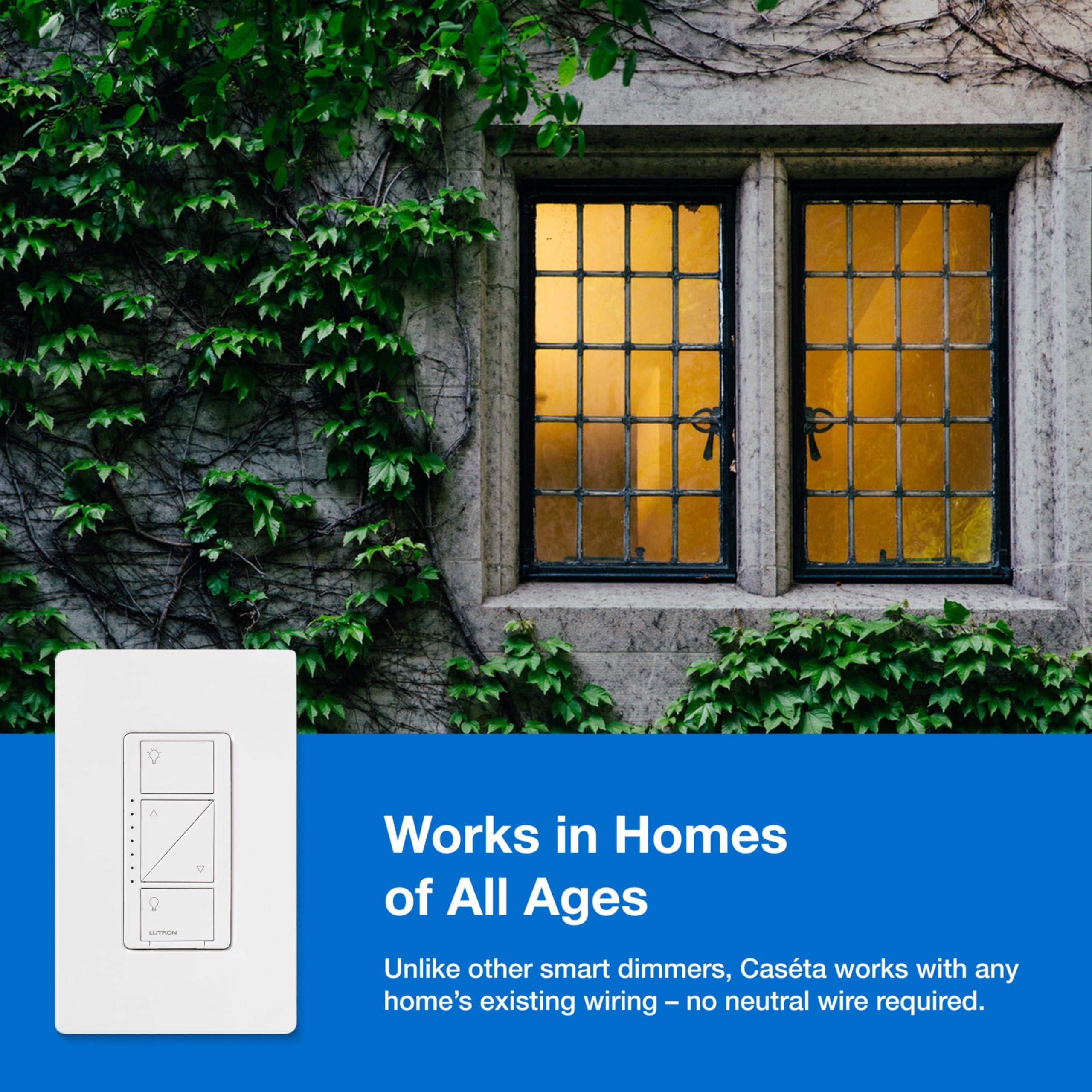 Lutron Lutron Caseta Smart Lighting Original Dimmer Switch, for Light Bulbs, Works w/ Alexa, Apple Homekit, Google Home (Hub Required), 150W Single-Pole/3-Way, No Neutral Required, PD-6WCL-WH, White
