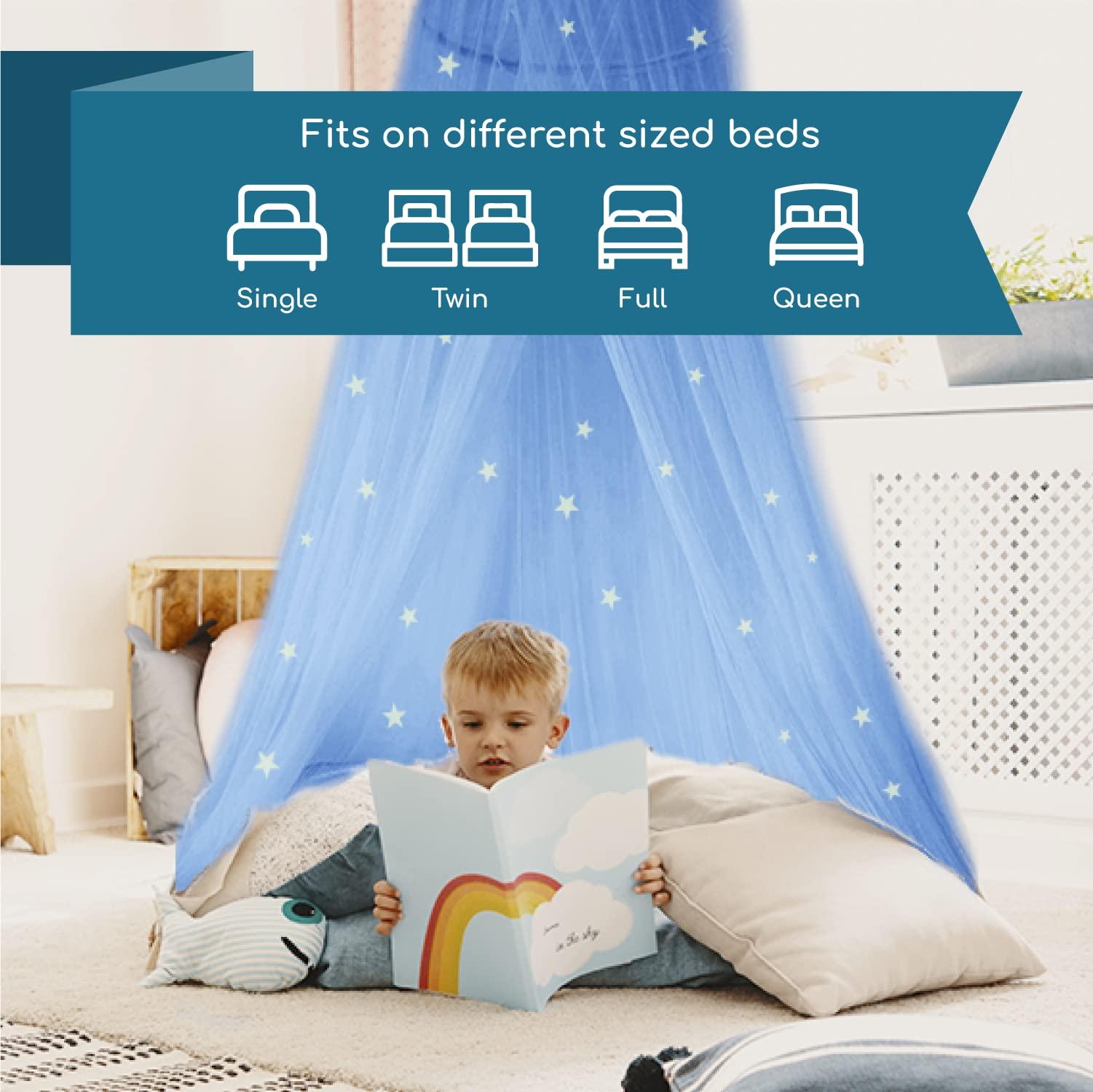 Bollepo Blue Canopy Bed, Blue Bed Canopy with Glow in The Dark Stars for Girls, Boys, Kids and Babies, Net Use to Cover The Baby, Kid Bed, Girls Bed Or Full Size Bed, Fire Retardant Fabric