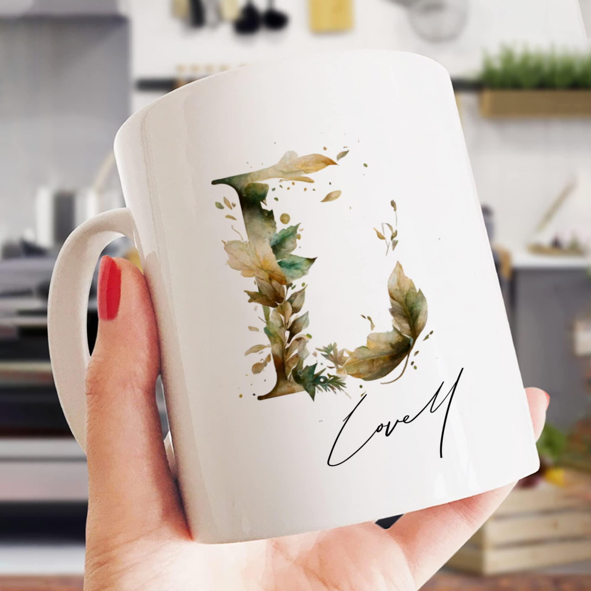 Gossby Gossby Personalized Custom Mug (L) Personalized Alphabet Customized Coffee Mug Cup Gift for Girlfriend/Wife/Mom/Sister, Personalized White Ceramic Mug 11oz 15oz Gifts for Special Day