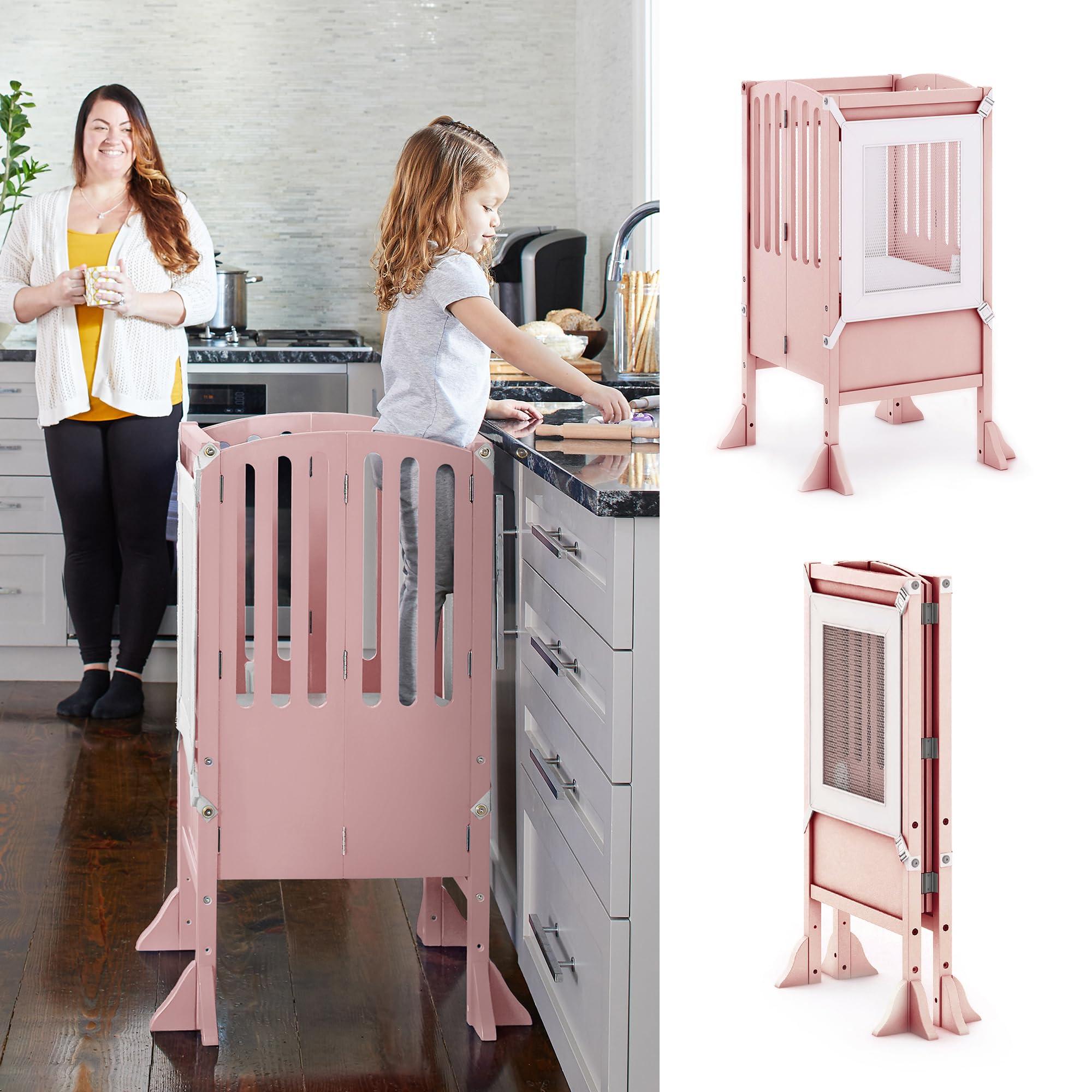 Guidecraft Guidecraft Contemporary Kitchen Helper Toddler Tower - Limited Edition Pink. Original Folding Montessori Learning Step Stool with Safety Nets