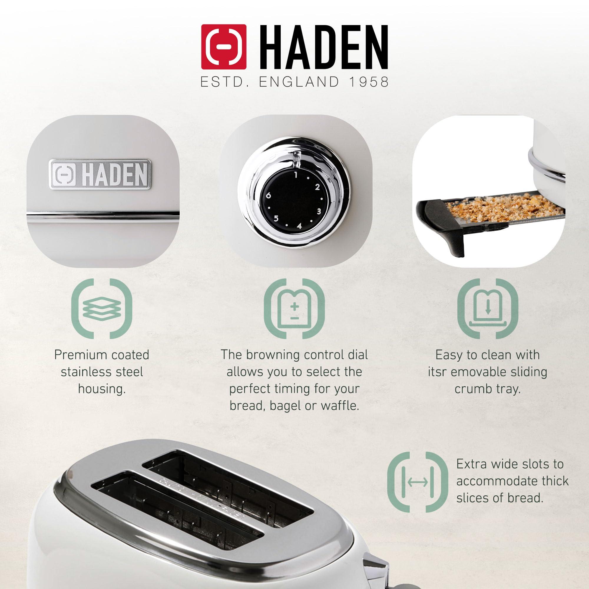 HADEN Haden Heritage 1.7 Liter Stainless Steel Body Retro Electric Tea Kettle with 2 Slice Wide Slot Stainless Steel Bread Toaster, White