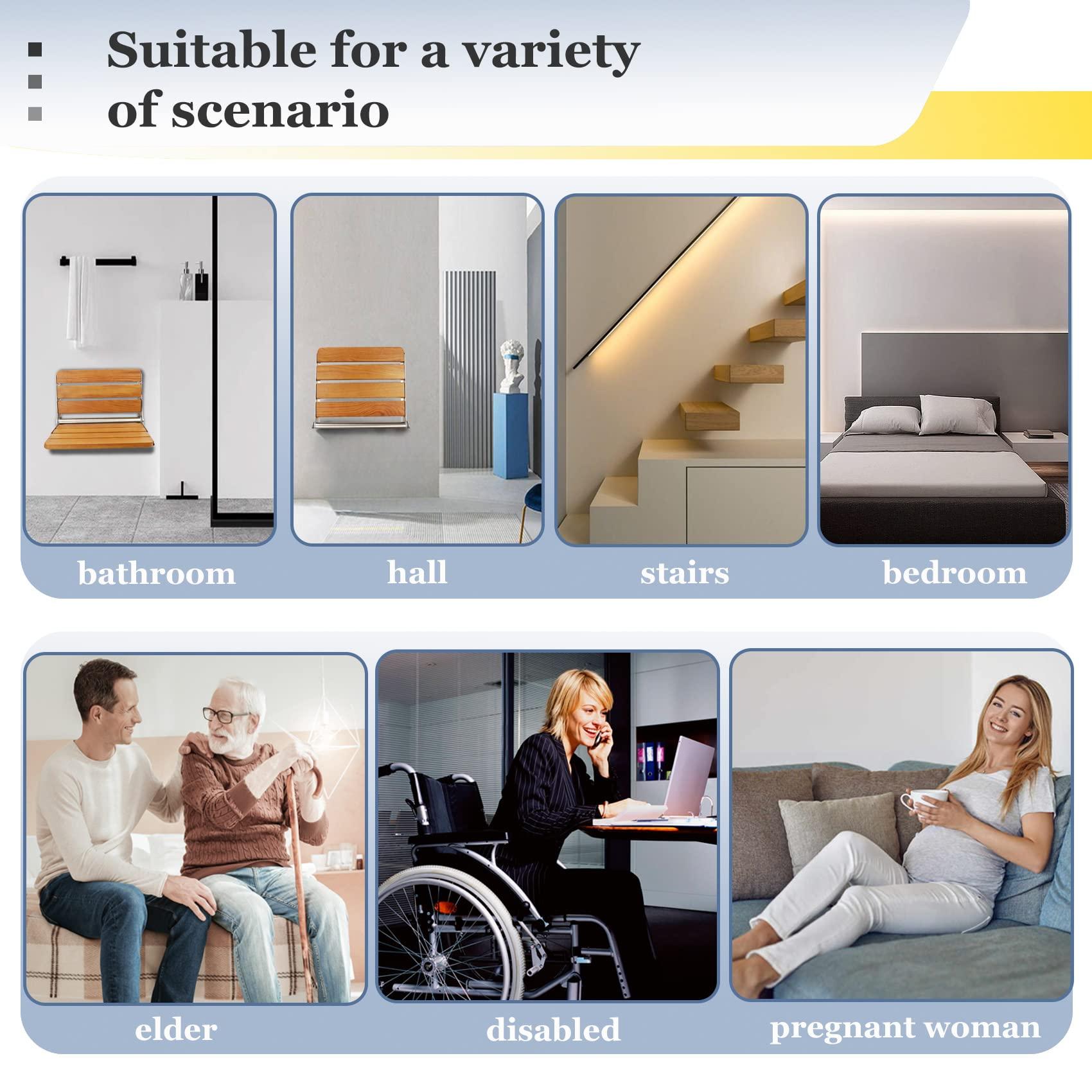 Flngr Folding Teak Shower Seat Wall Mounted,Fold Down Shower Seat,Foldable Shower Bench,Home Care Teak Shower Seat Bench for Inside Shower,Folding Shower Seat Bench,Wall Mount Shower Seat for Christmas