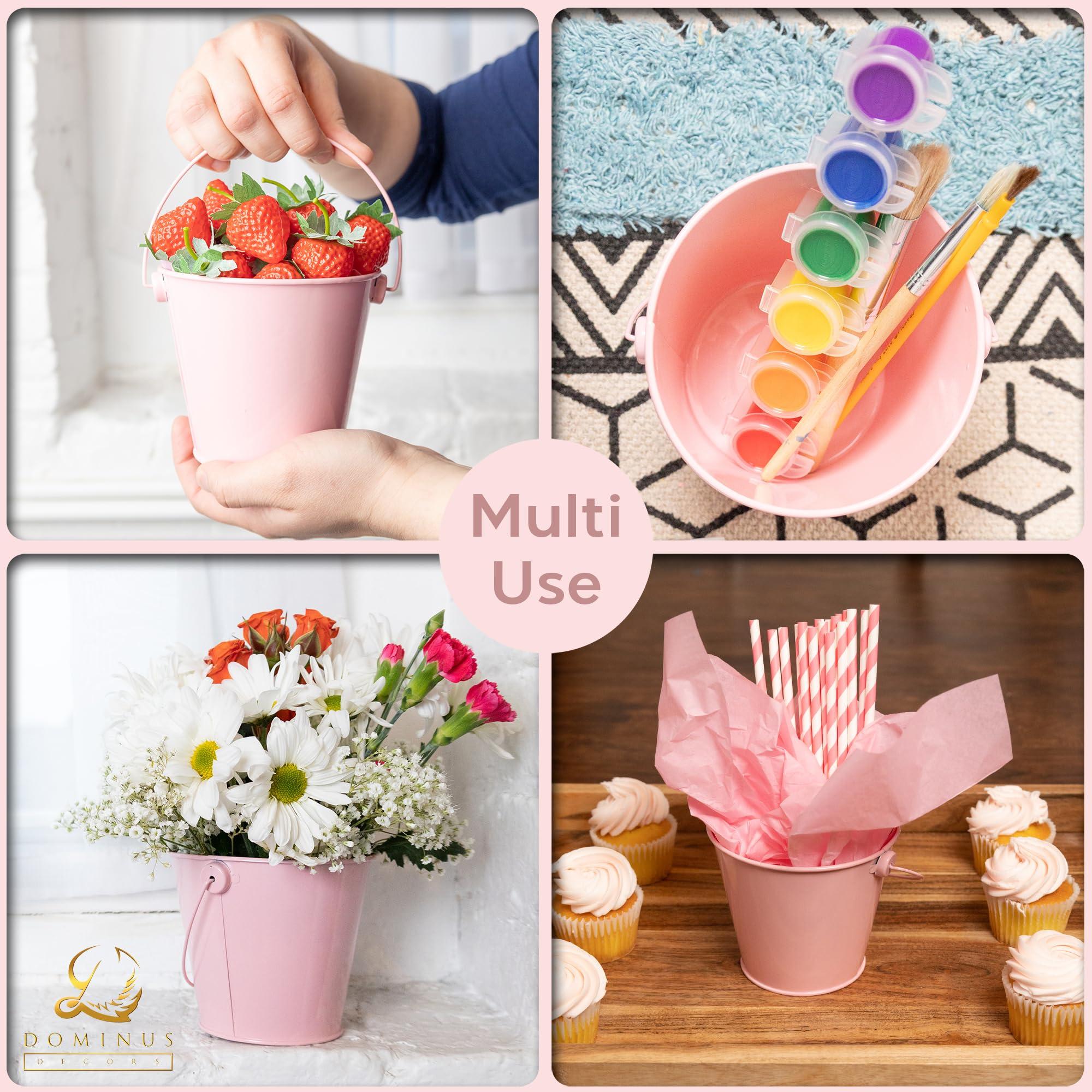 Dominus Decors Small Metal Buckets with Handles - Leak-Proof Metal Pail Bucket - Galvanized Bucket with Handle - Multipurpose Tin Bucket for Party Favors, Organization, School, Weddings, Garden - Set of 6, Pink