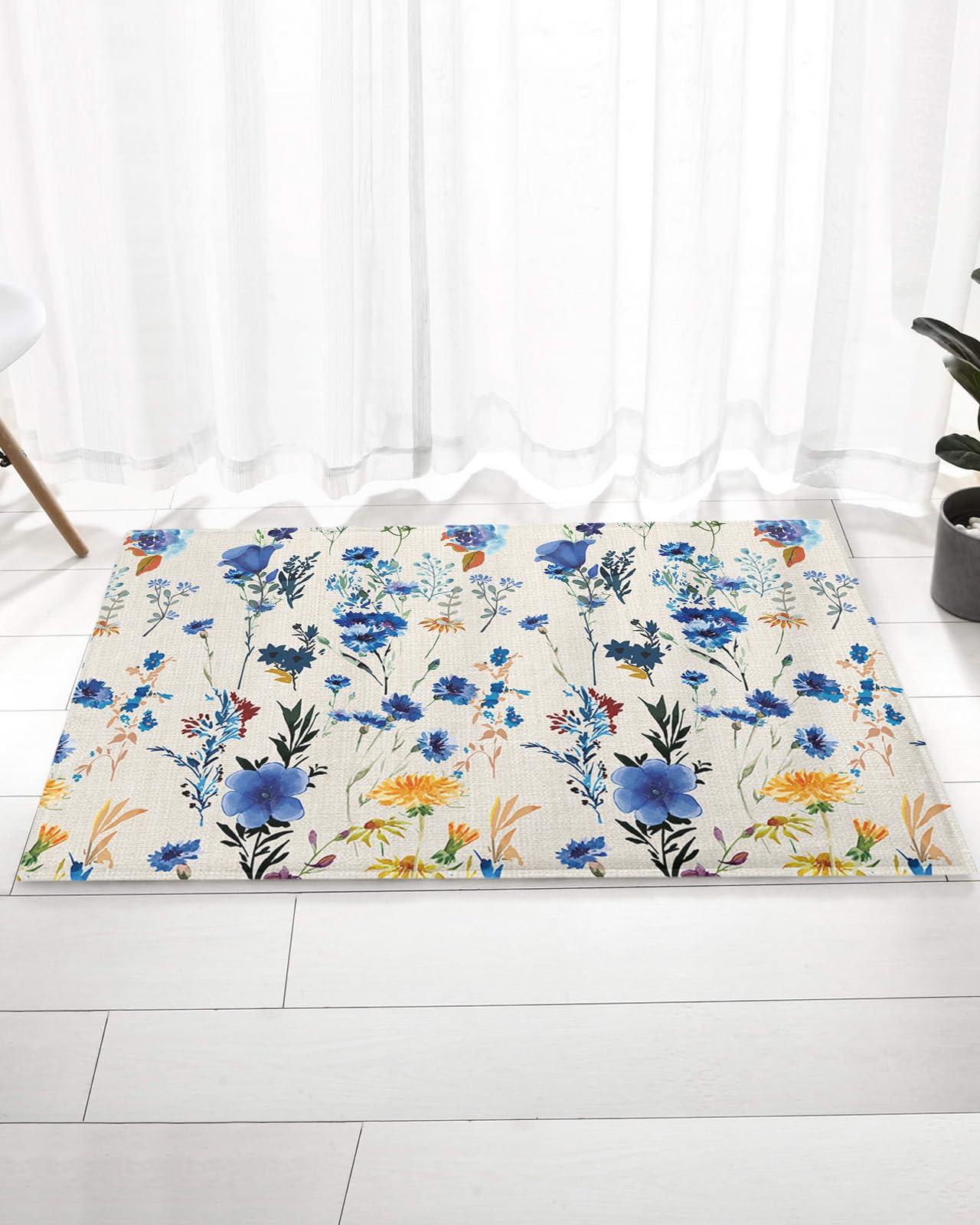 Edwiinsa Edwiinsa Botanical Flower Plush Rug Non Slip Bath Mat, Soft Shaggy Long Fur Fuzzy Bath Rugs 20\" x 31.5\" Blue Farmhouse Country Leaves Carpet Mat for Bathroom Shower Home