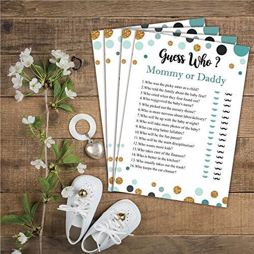 Antgiftshop 25 Guess Who Mommy or Daddy Fun Baby Shower Game Idea For Girl or Boy Cute Gold Gender Neutral Party, Funny Activity Questions at Gender Reveal Bundle, Party Activities Supplies For Kids, Mom, Dad