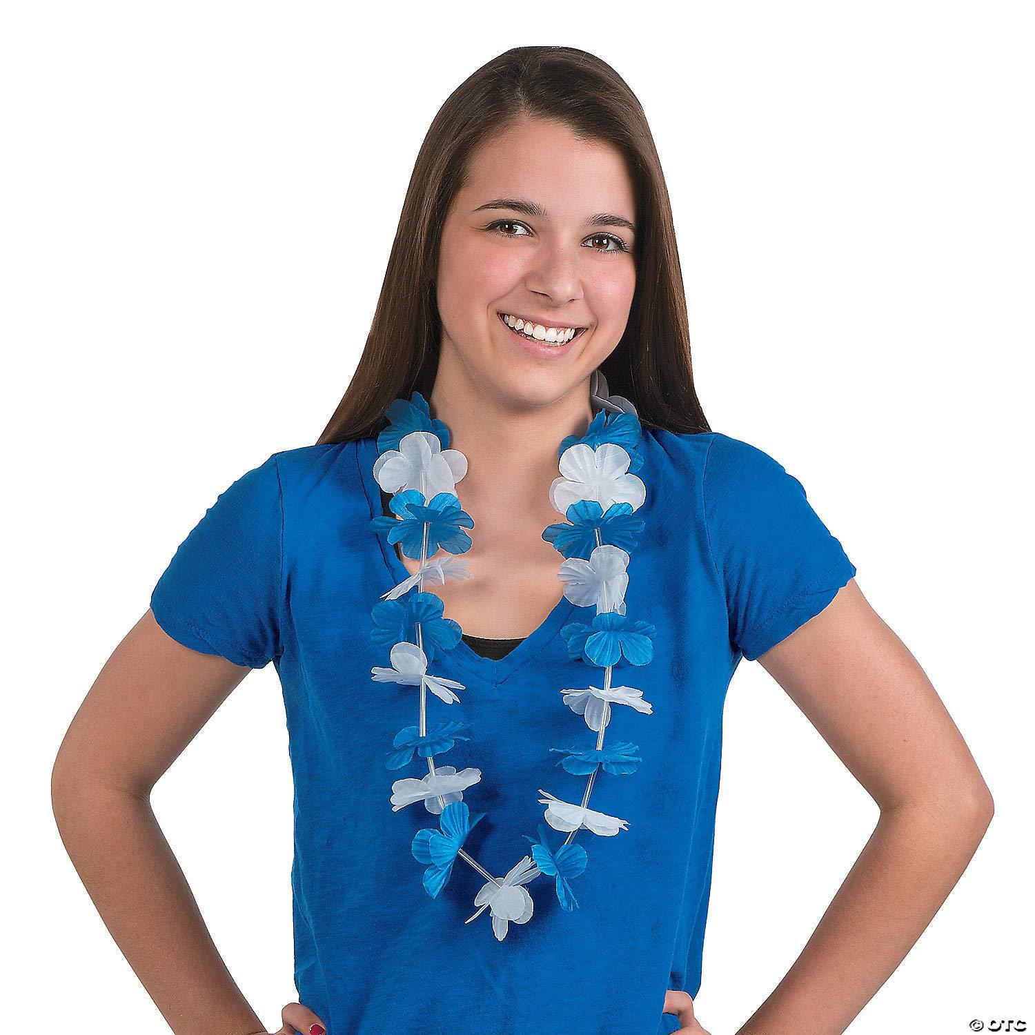 Fun Express Blue and White Hawaiian Flower Leis - Set of 12 - Luau, Party and School Spirit Supplies
