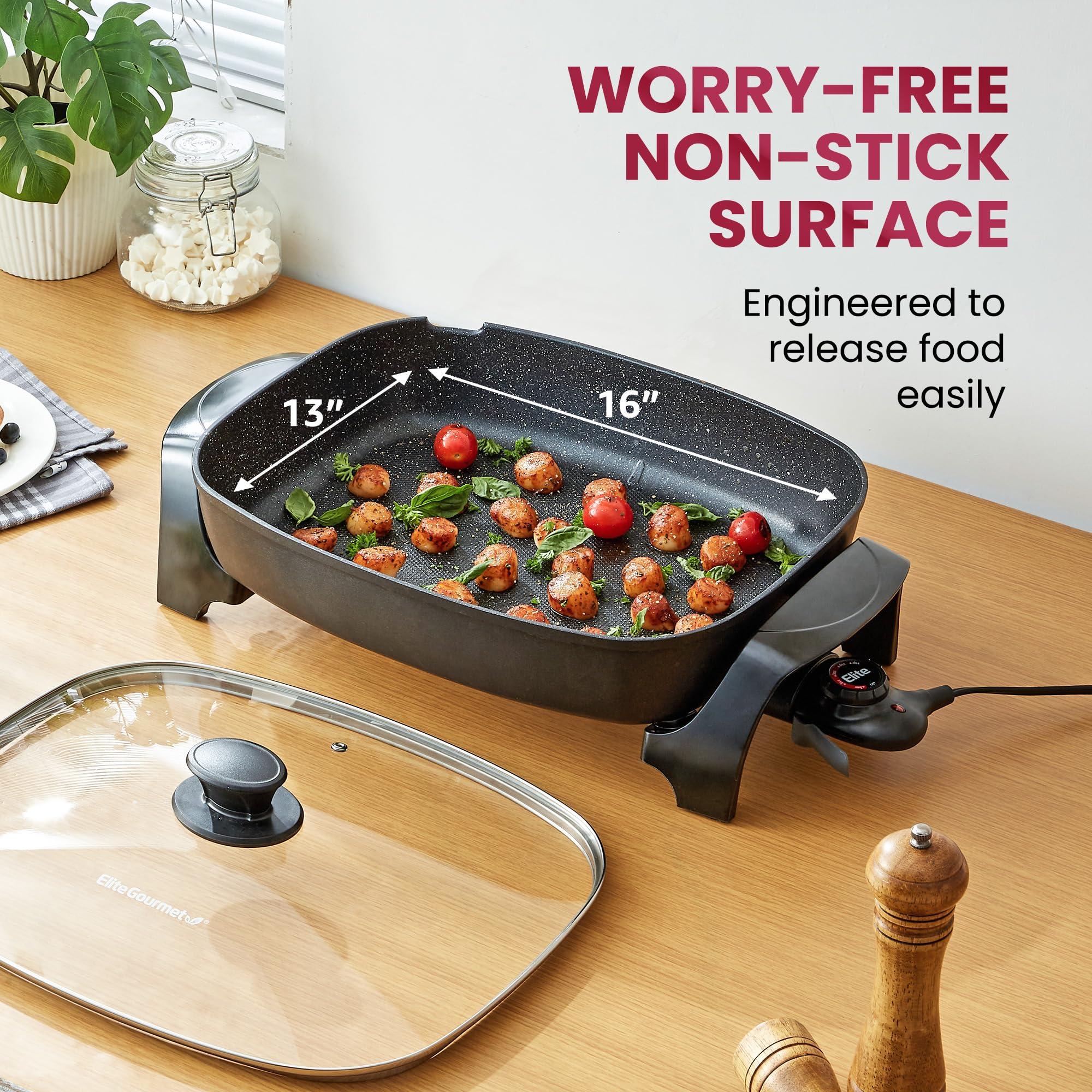 Elite Gourmet Elite Gourmet EG6203 Extra Deep 16"x13"x3.2" (10.5Qt.) Scratch Resistant, Easy Pour Spout, Dishwasher Safe, Non-stick Electric Skillet with Vented Glass Lid, Adjustable Temperature, Black