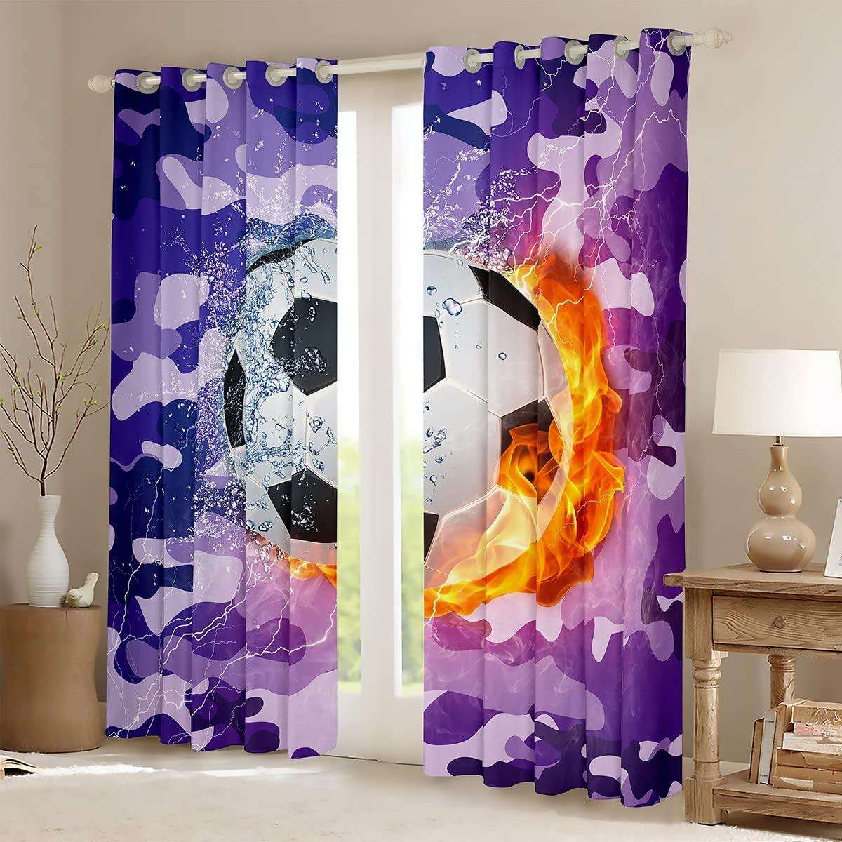 Erosebridal Football Curtains For Boys, Soccer Window Curtains, Sports Games Bedding Set For Kids Teens Adult Men, Camouflage Ice And Fire Thermal Insulated Window Drapes For Living Room Decor, Purple 42"Wx84"L