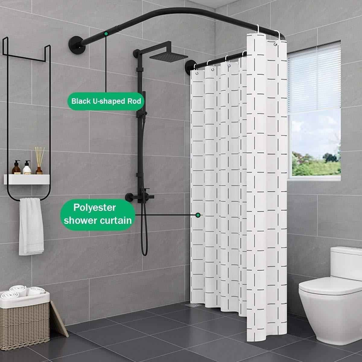 AWERQ Curved Shower Rod Tension Curtain Rod No Drill Adjustable U Shaped Shower Curtain Rail Pole Holder with Bath Curtain, for Bathroom, Clothing Store, Dressing Room, Outdoor Shower