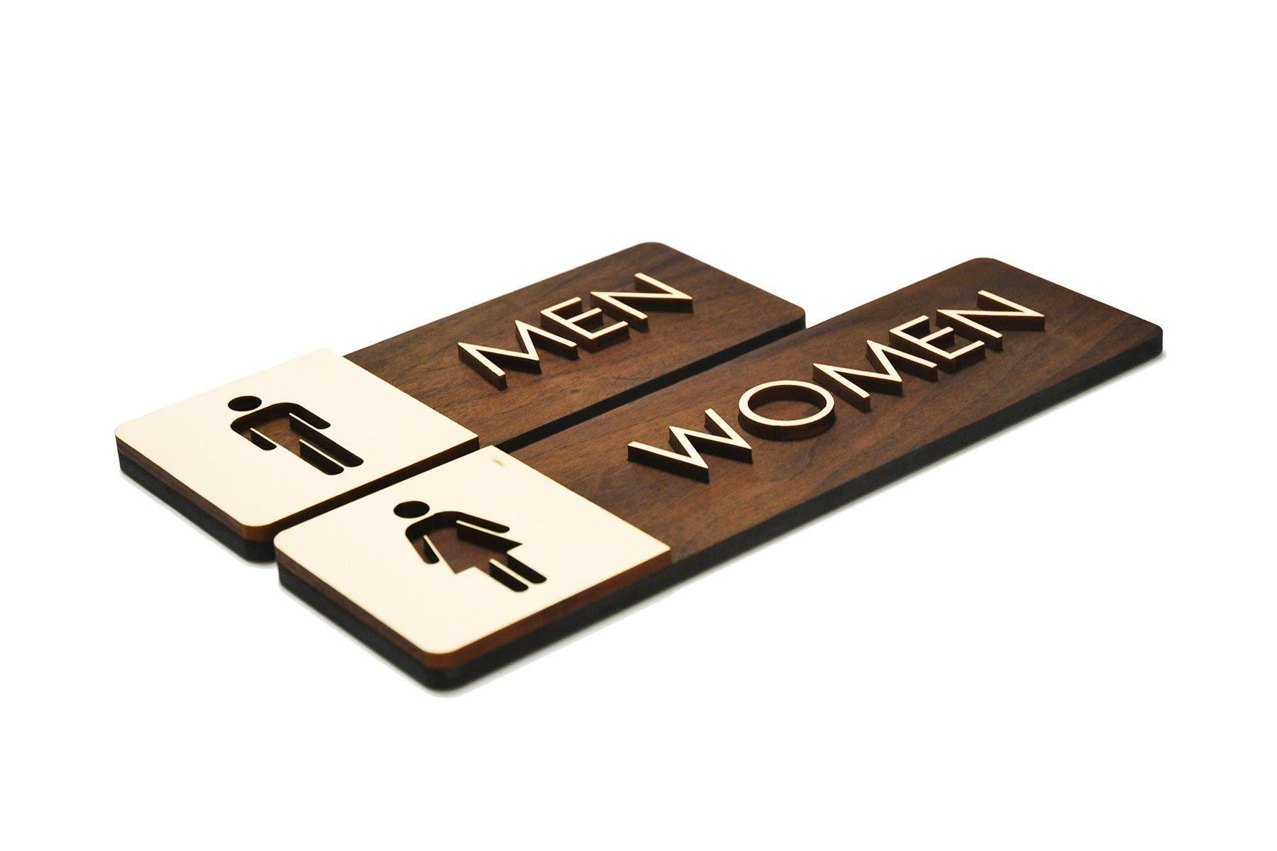 Gray Skunk Men & Women Restroom Sign Set - Modern Wood Bathroom Signage - Male & Female Set (India Walnut, without Braille)