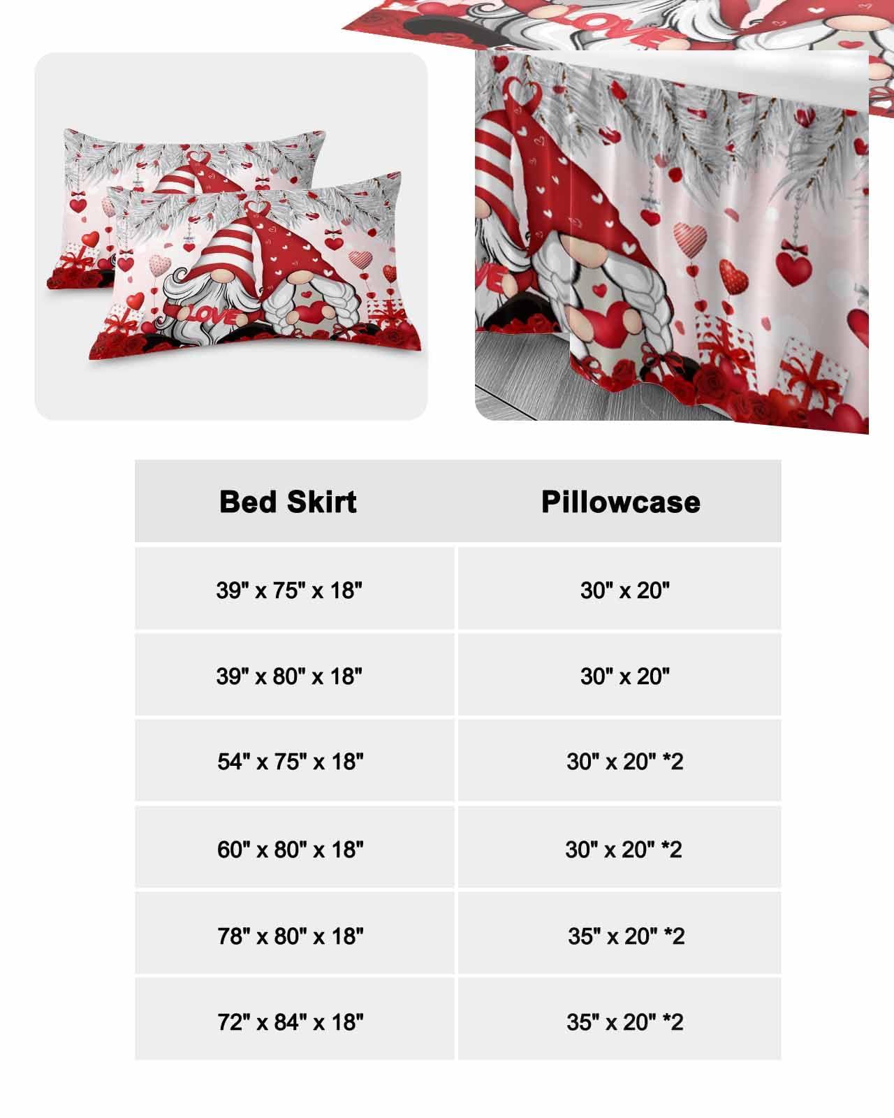 Jolunifun Valentine\'s Silver Gnomes Bed Skirt for Queen Size Bed,Wrap Around Bedding Skirt Gathered Dust Ruffle Bedskirt Sets with 2 Packs Matching Pillow Covers 30\"x20\",18 Inch Drop,Romantic Roses Hearts Red