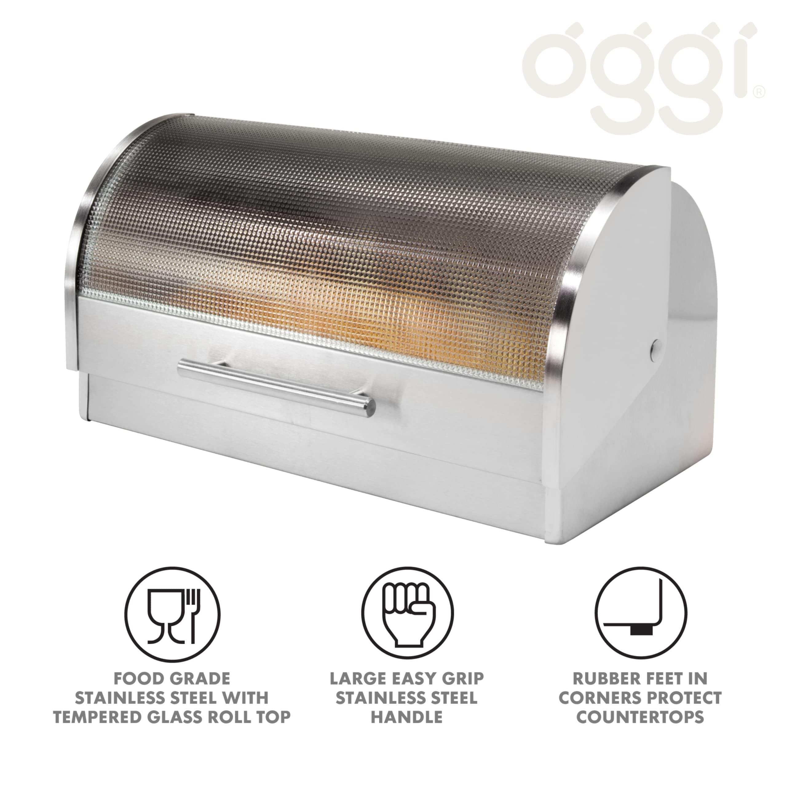 Oggi Oggi Stainless Steel Roll Top Bread Box for Kitchen Countertop with Tempered Glass Lid - Fits Multiple Large Loaves of Bread and Other Freshly Baked Goods Including Cookies, Bagels, Muffins