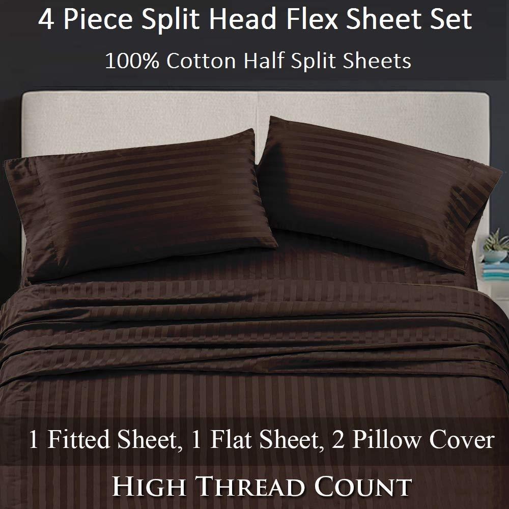 NeemKaroli Top Split Cal King Sheets Sets For Adjustable Bed-Flex Head King Sheets Sets for Adjustable Beds-Half Split Sheets-28 inches Split Top California King Sheets-Cotton Top Split Sheets(Chocolate Stripe)