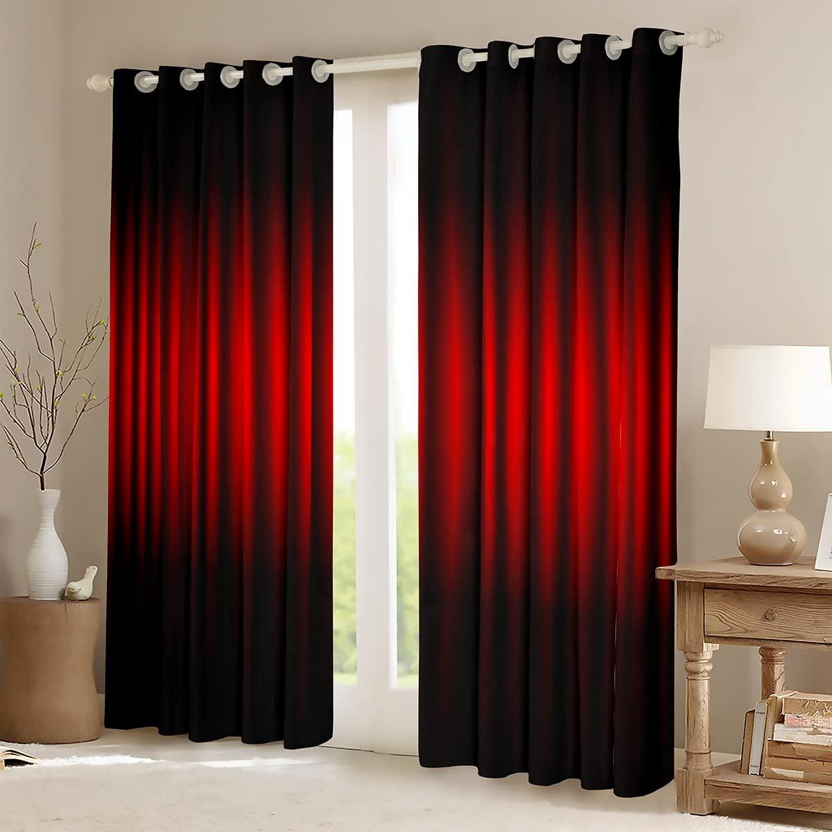 Homewish 3D Abstract Ombre Window Curtain Red Black Curtains for Kids Teens Adults Bedroom Decor Modern Geometric Stripes Window Treatment Curtain Soft Polyester Window Drapes,Top 2 Panel,52Wx90L