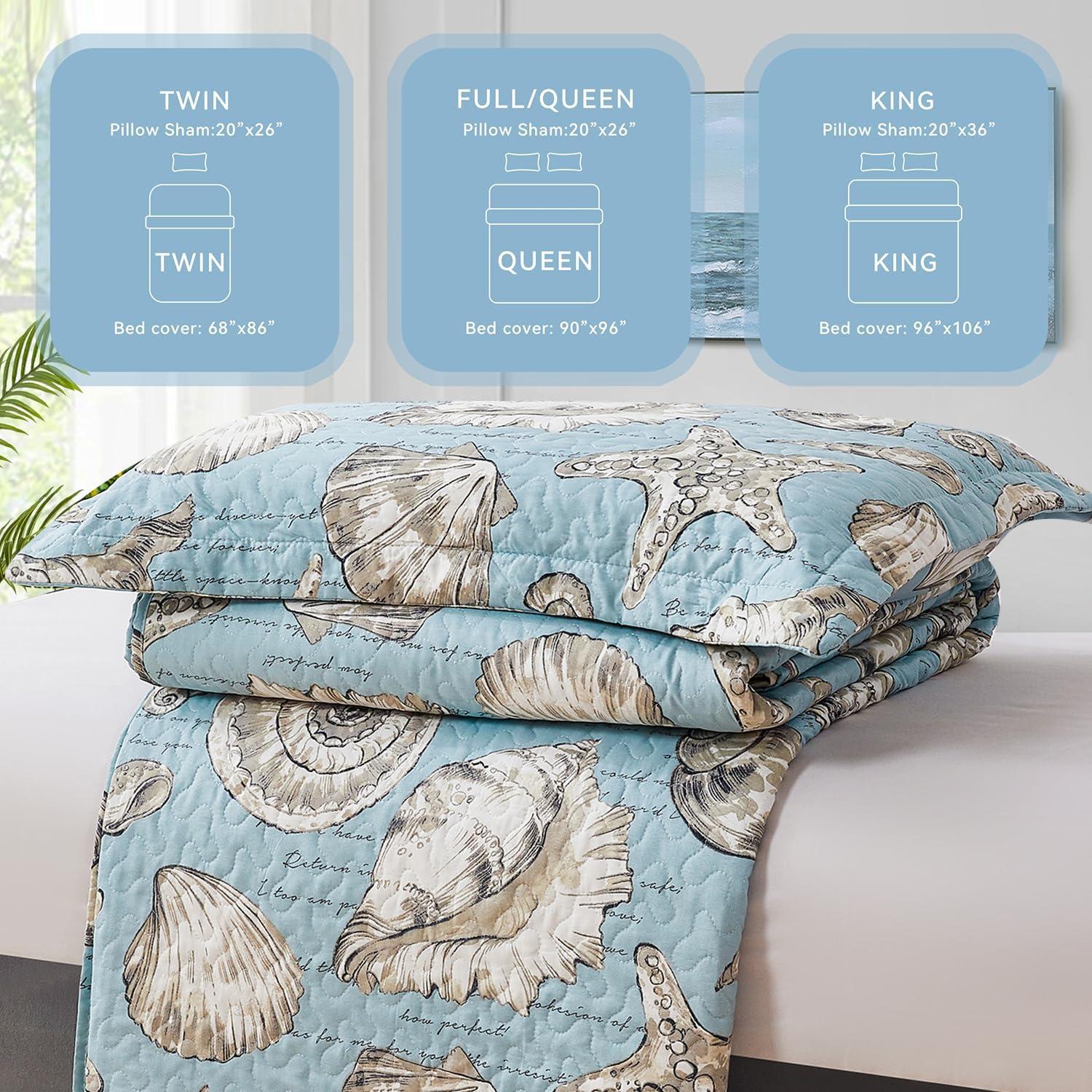 Ycosy Coastal Quilt Set Full/Queen Size Ocean Themed Bedding Summer Beach Quilts Set Lightweight Reversible Bedspread Coverlets Seashell Starfish Seaweed Bed Spread Soft Home Bed Cover with 2 Pillow Shams