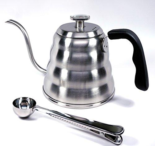 Nuk3y Café Pour Over Coffee Kettle with Thermometer 1.2L - Gooseneck Hand Grip - Premium Stainless Steel - Bonus Coffee Scoop