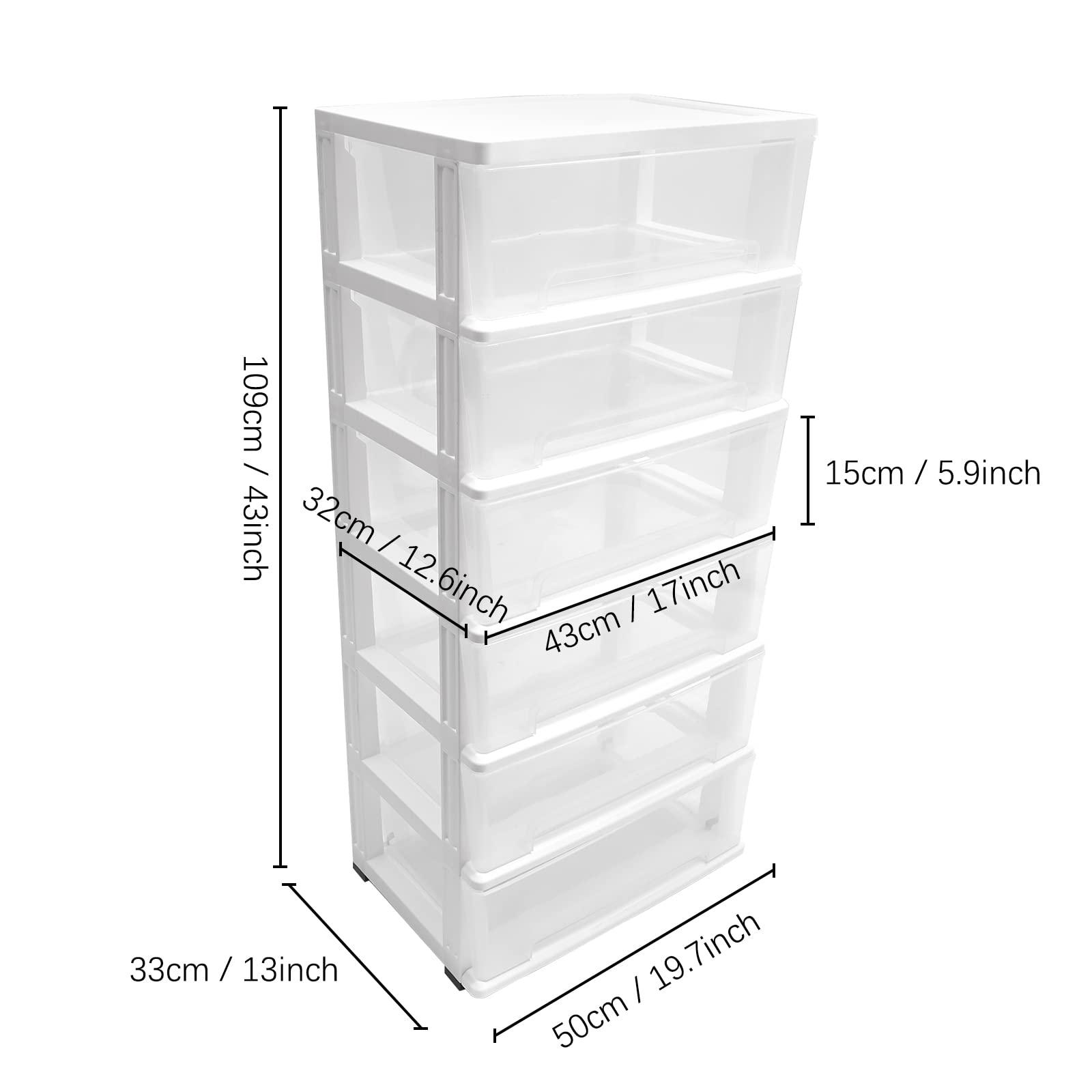 TTeralmon 6 Layer Clear Plastic Drawer w/Wheels, Storage Cart Plastic 6 Drawer Plastic Organizer with Drawers Stackable Storage Drawers for Office Closet, 19.7 * 13 * 43in (White)