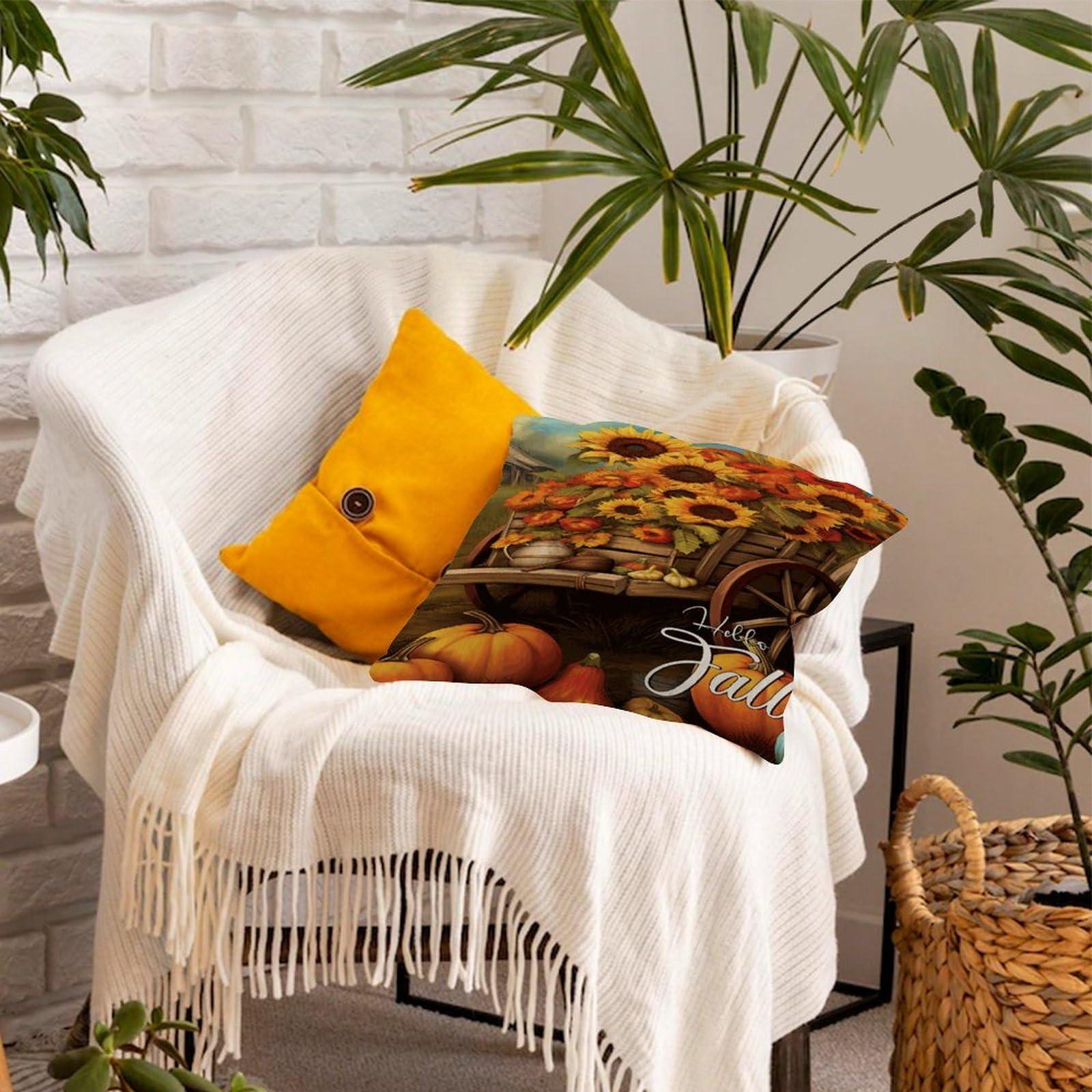 COVOME COVOME Hello Fall Pillow Cover 16x16in Burlap Linen Farmhouse Pillowcases Fall Thanksgiving Pumpkin Sunflowers Square Throw Cushion Case for Playroom Indoors Home Bed Home Decor