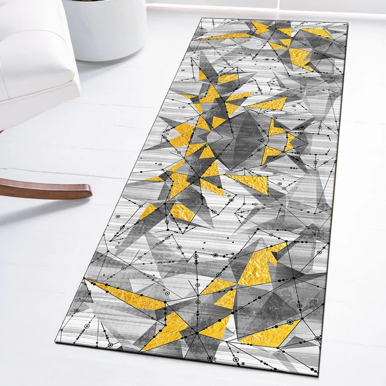 Ymural Hallway Runner Rugs Non Slip Geometric 3\'x15\' Grey Yellow Runners Carpet Mat Washable Runner Rug for Kitchen Bedroom Hallway Stair Doorway, Customizable