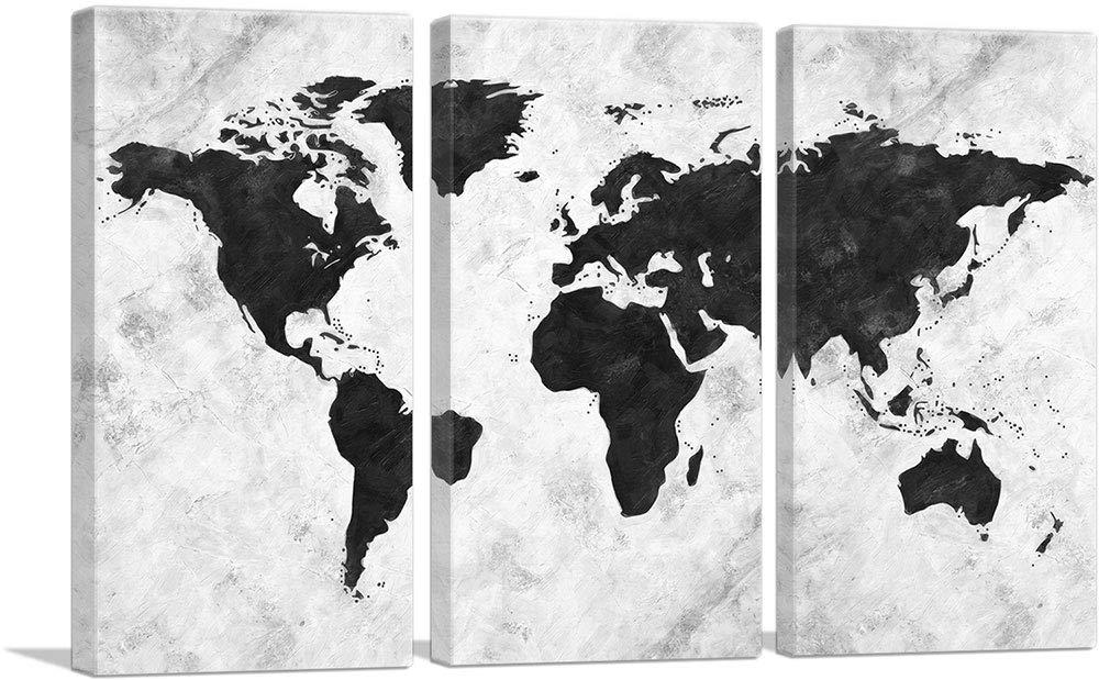 ARTCANVAS ARTCANVAS Black White World Map Canvas Art Print Stretched Framed Painting Picture Poster Giclee Wall Decor - 60\" x 40\" (0.75\" Deep) (3-Piece)